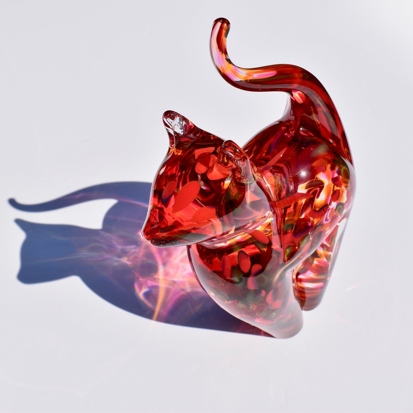 Ruby and Cranberry Streaky Glass Cat - Corley Studio Shop