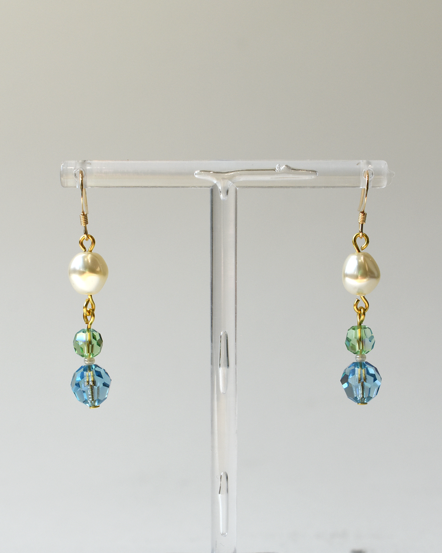 Pale Green & Blue Crystal Pearl Drop Hook Earrings