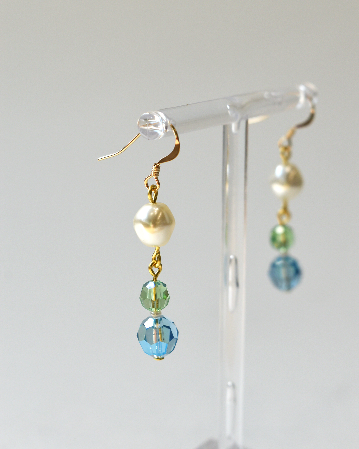Pale Green & Blue Crystal Pearl Drop Hook Earrings