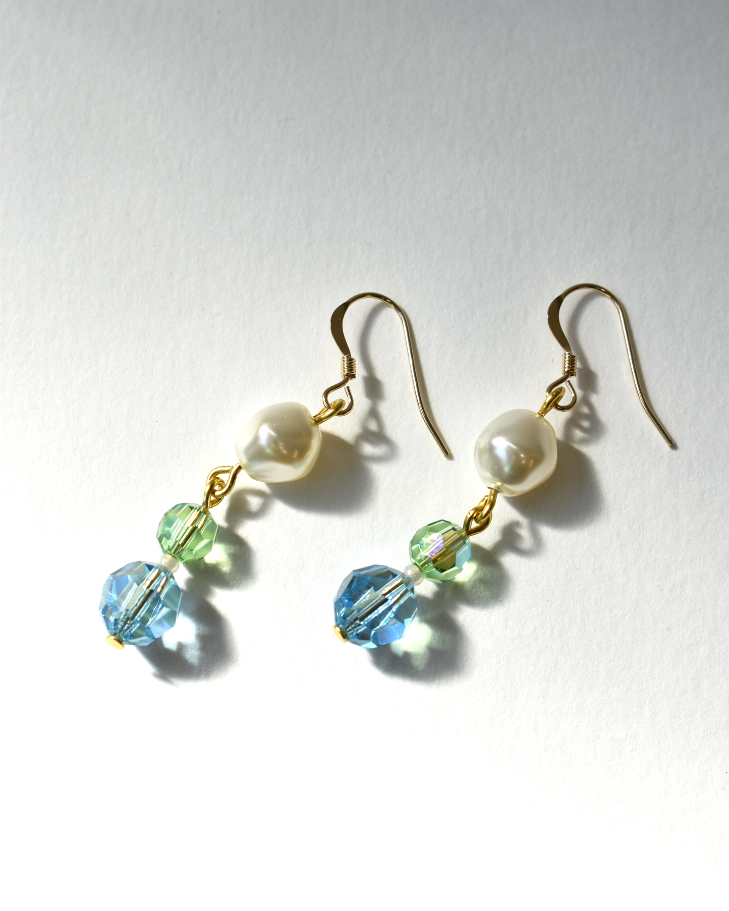 Pale Green & Blue Crystal Pearl Drop Hook Earrings