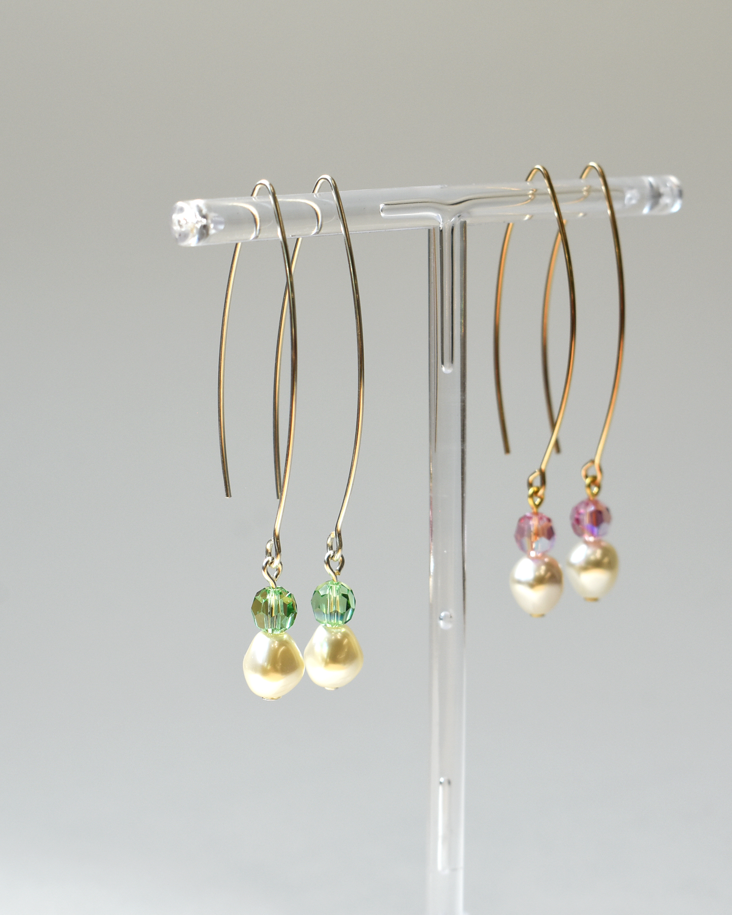 Pearl & Pink Shimmer Crystal Gold Arc Earrings