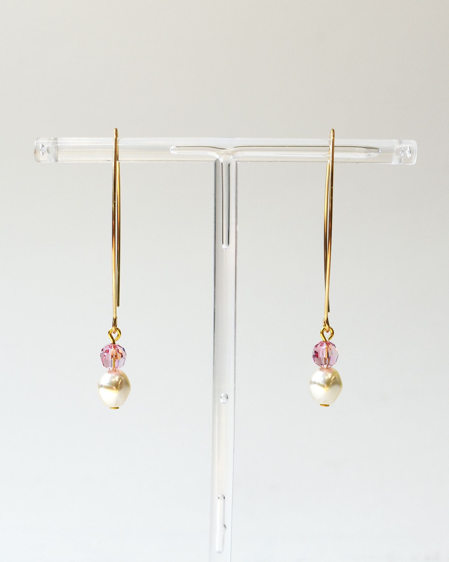 Pearl & Pink Shimmer Crystal Gold Arc Earrings