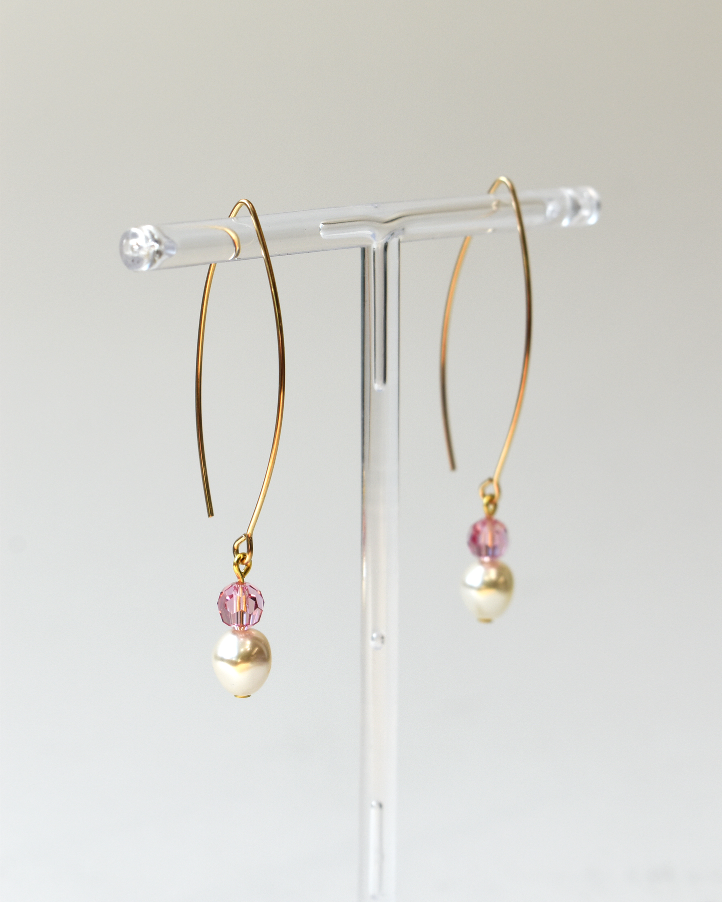 Pearl & Pink Shimmer Crystal Gold Arc Earrings