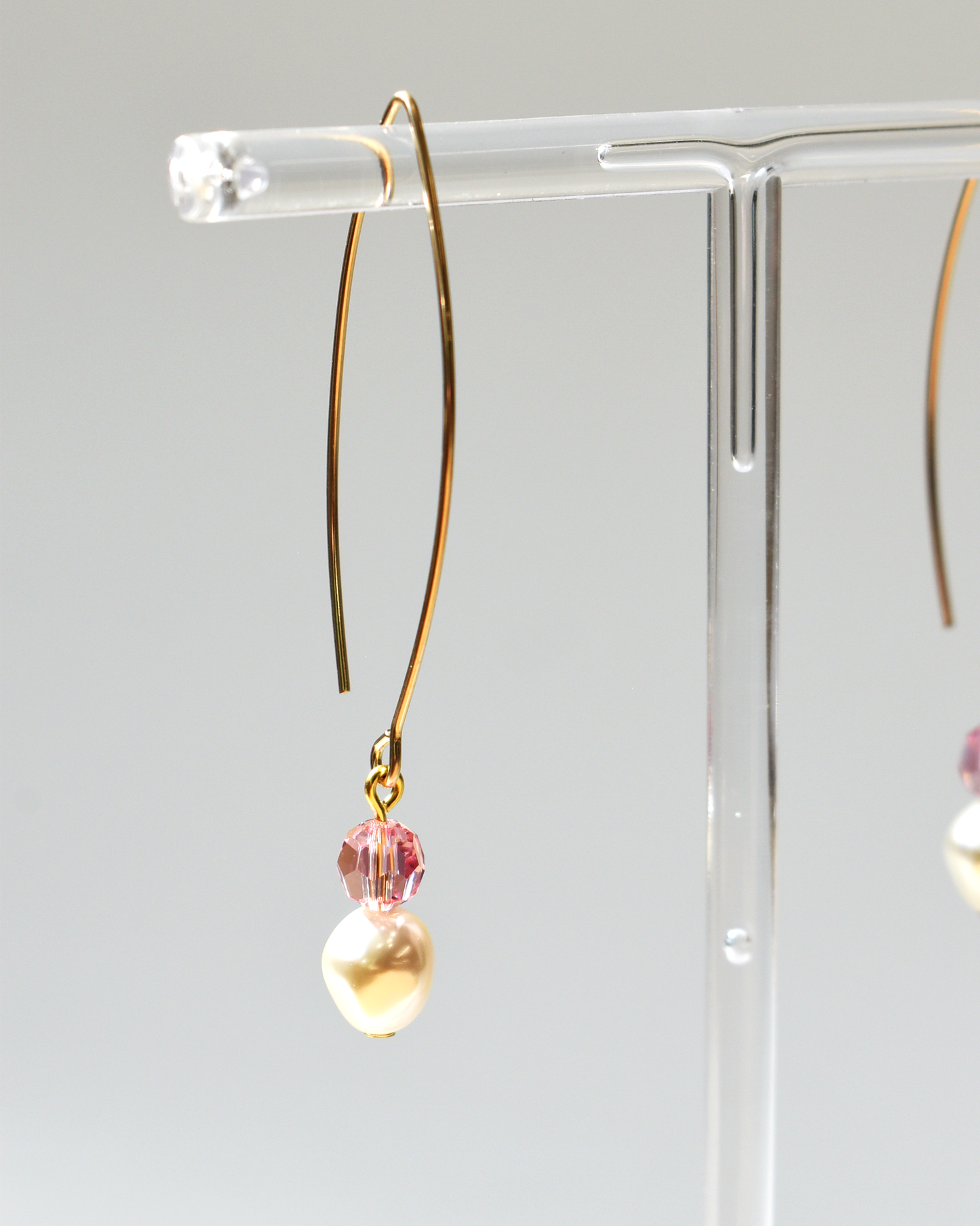 Pearl & Pink Shimmer Crystal Gold Arc Earrings