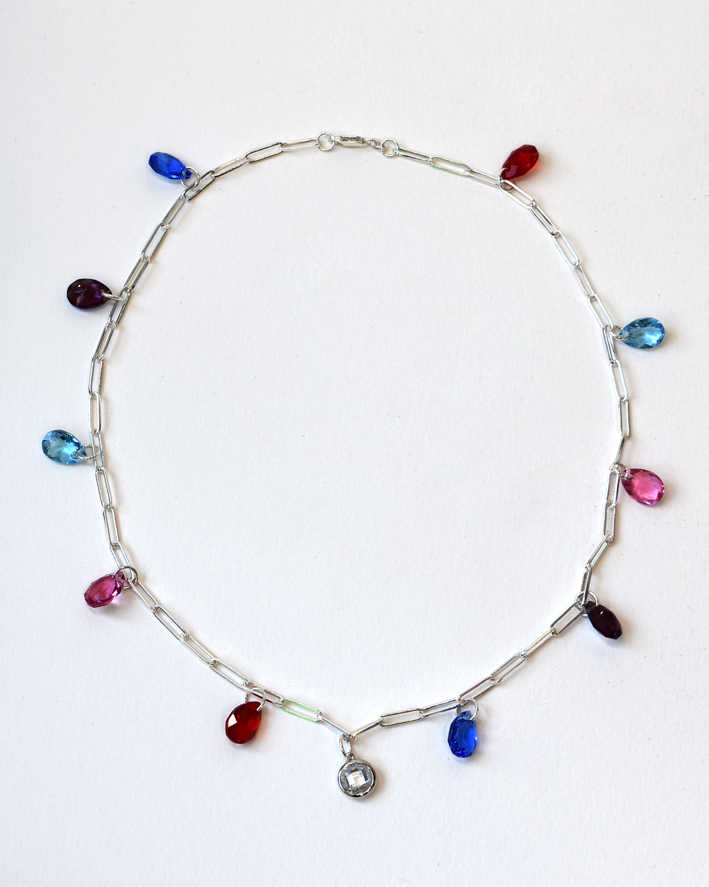 Crystal Drop Silver Paperclip Chain Necklace