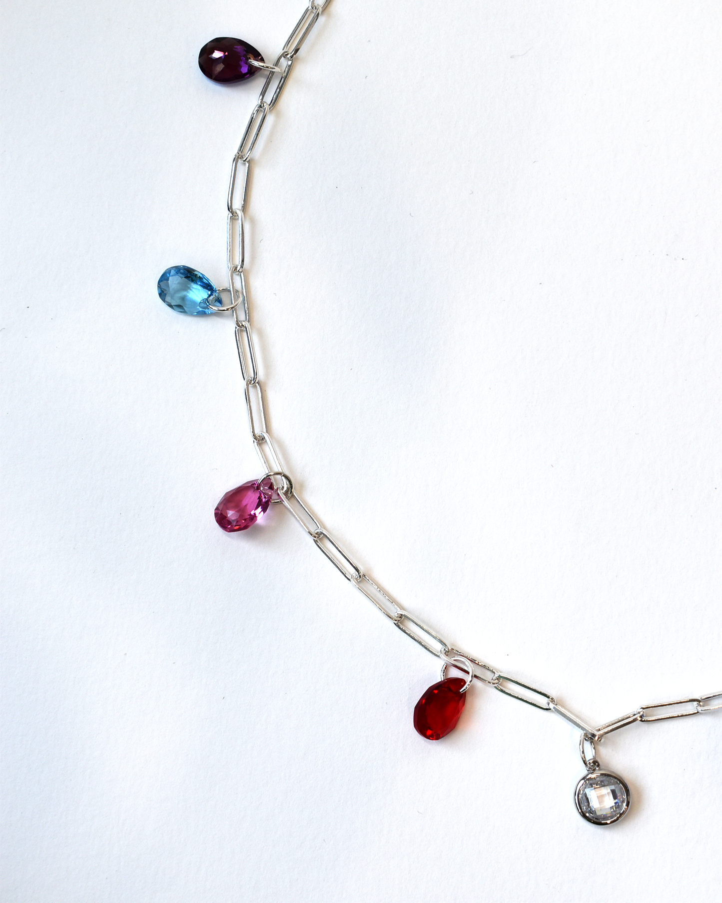 Crystal Drop Silver Paperclip Chain Necklace