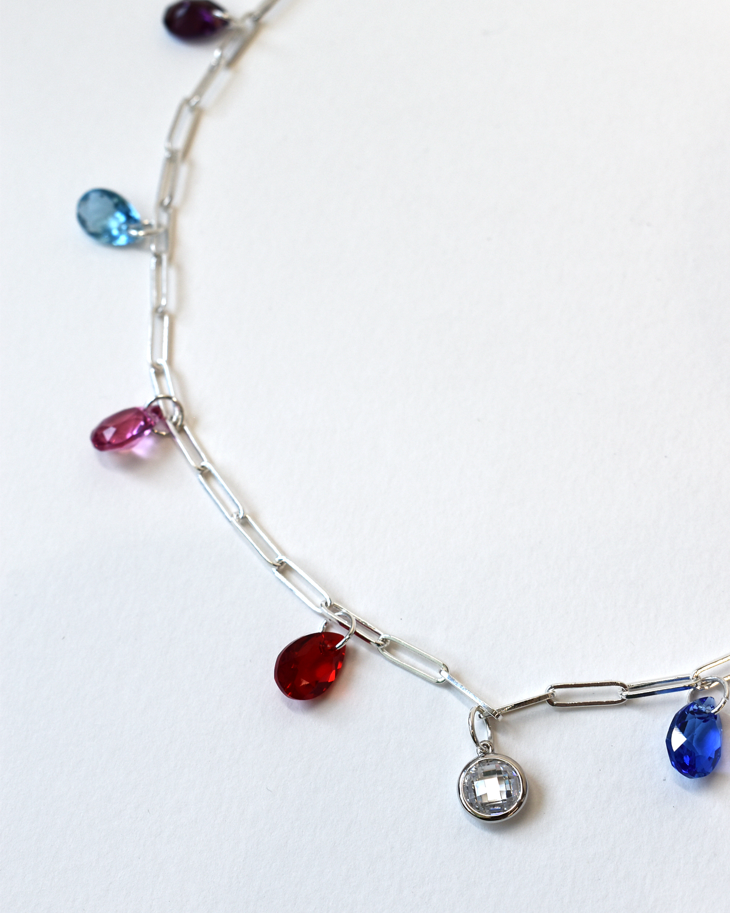 Crystal Drop Silver Paperclip Chain Necklace
