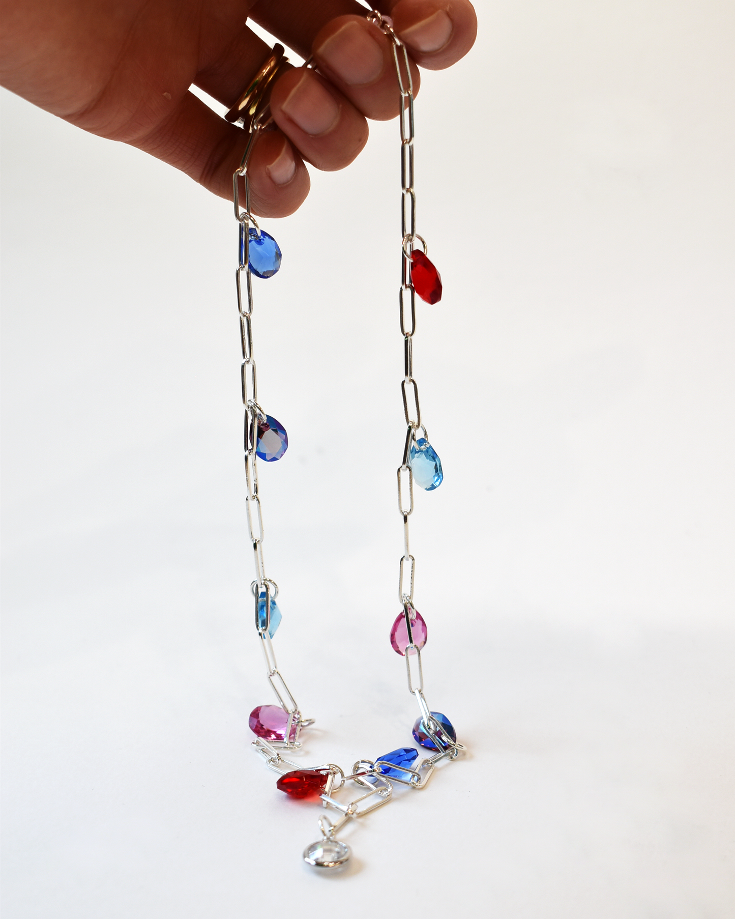 Crystal Drop Silver Paperclip Chain Necklace