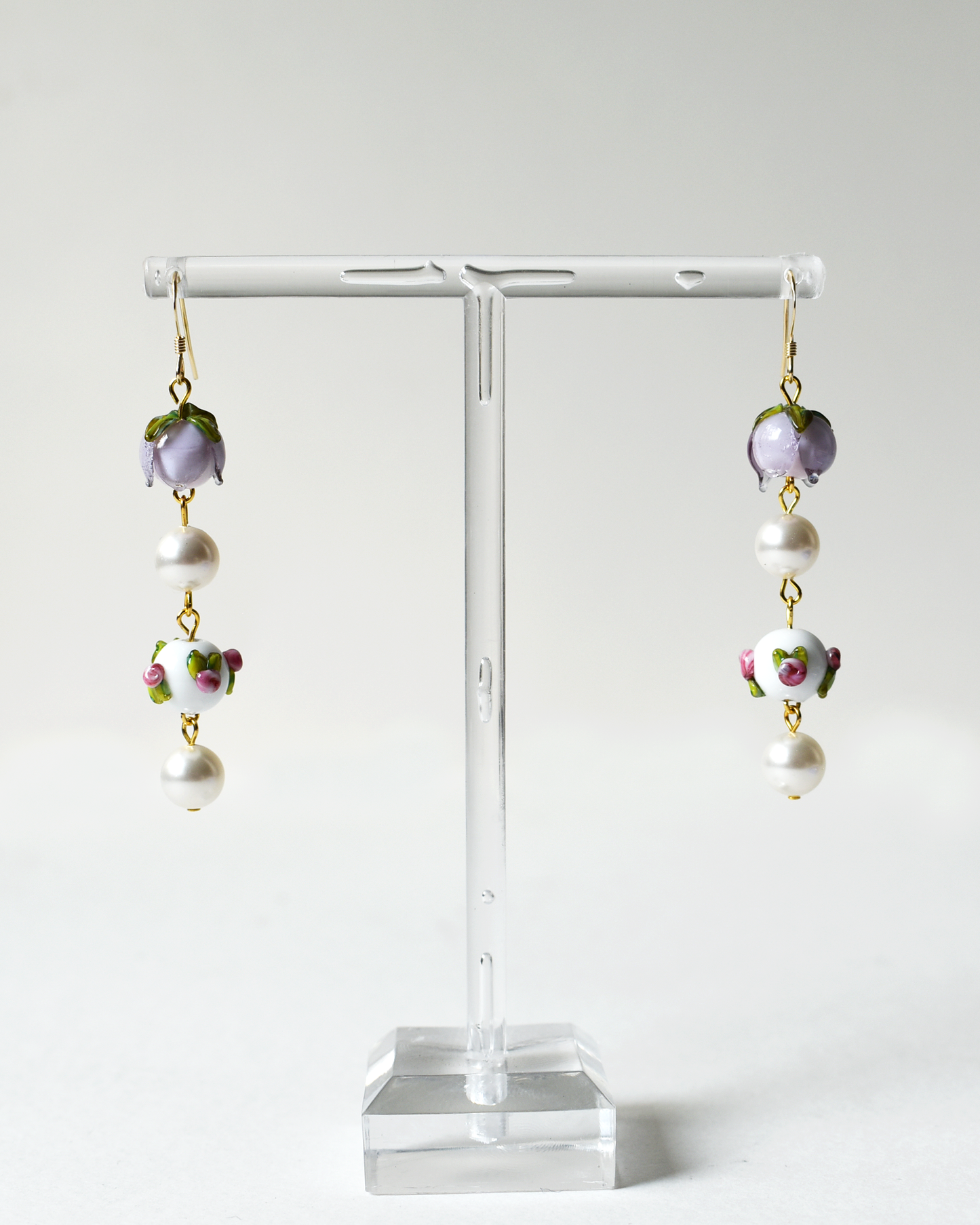 Lilac Rosebud Pearl Drop Earrings
