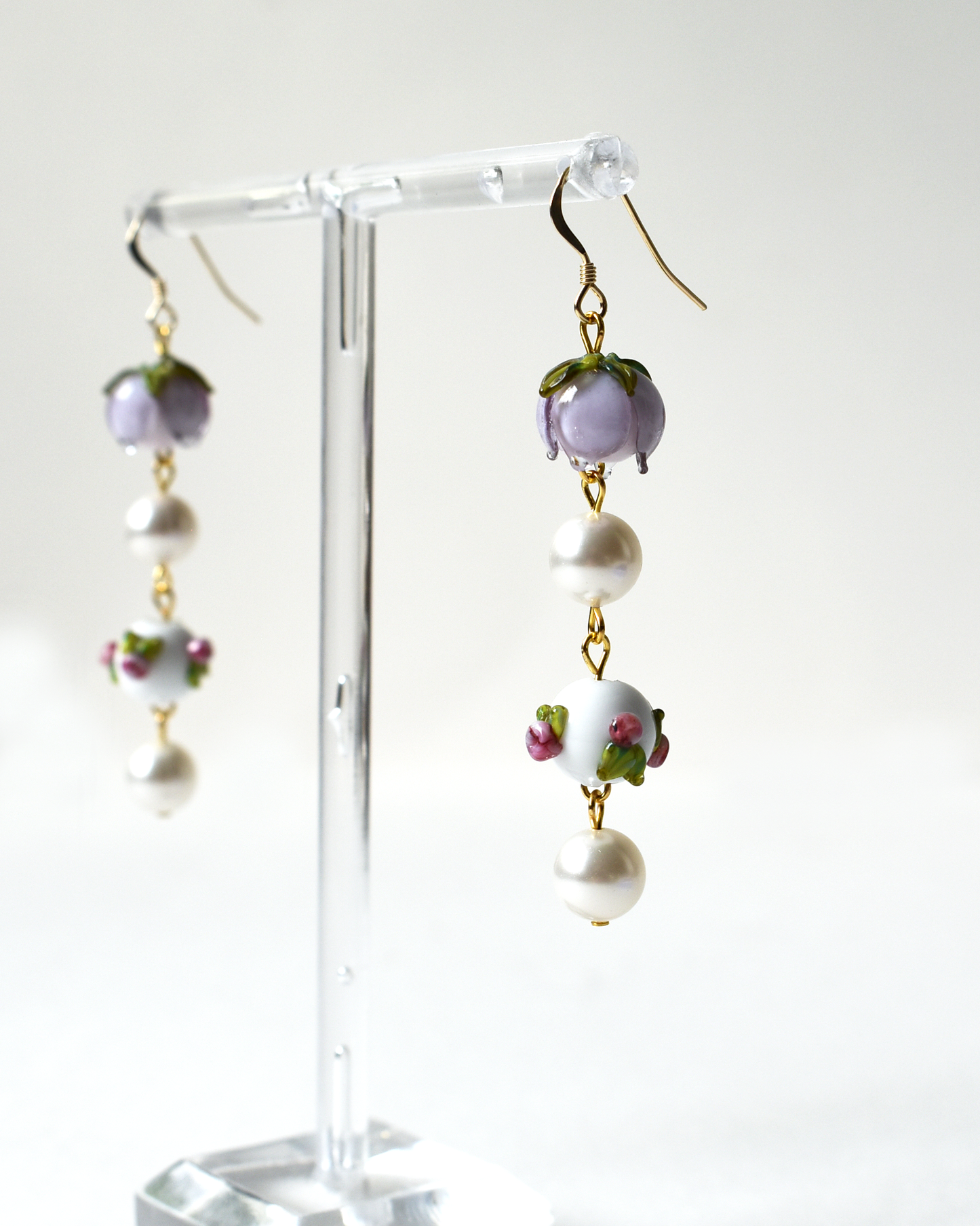 Lilac Rosebud Pearl Drop Earrings