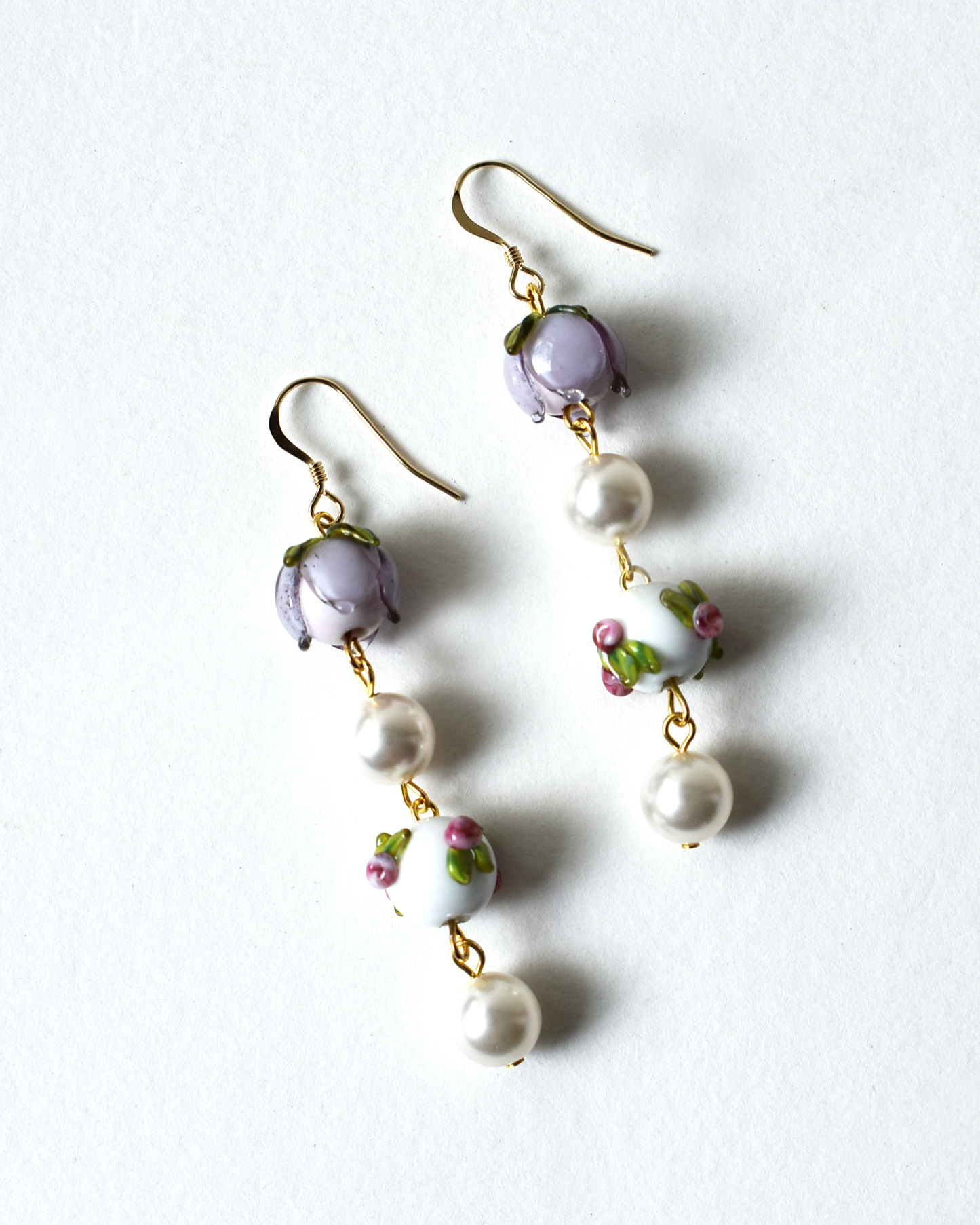 Lilac Rosebud Pearl Drop Earrings