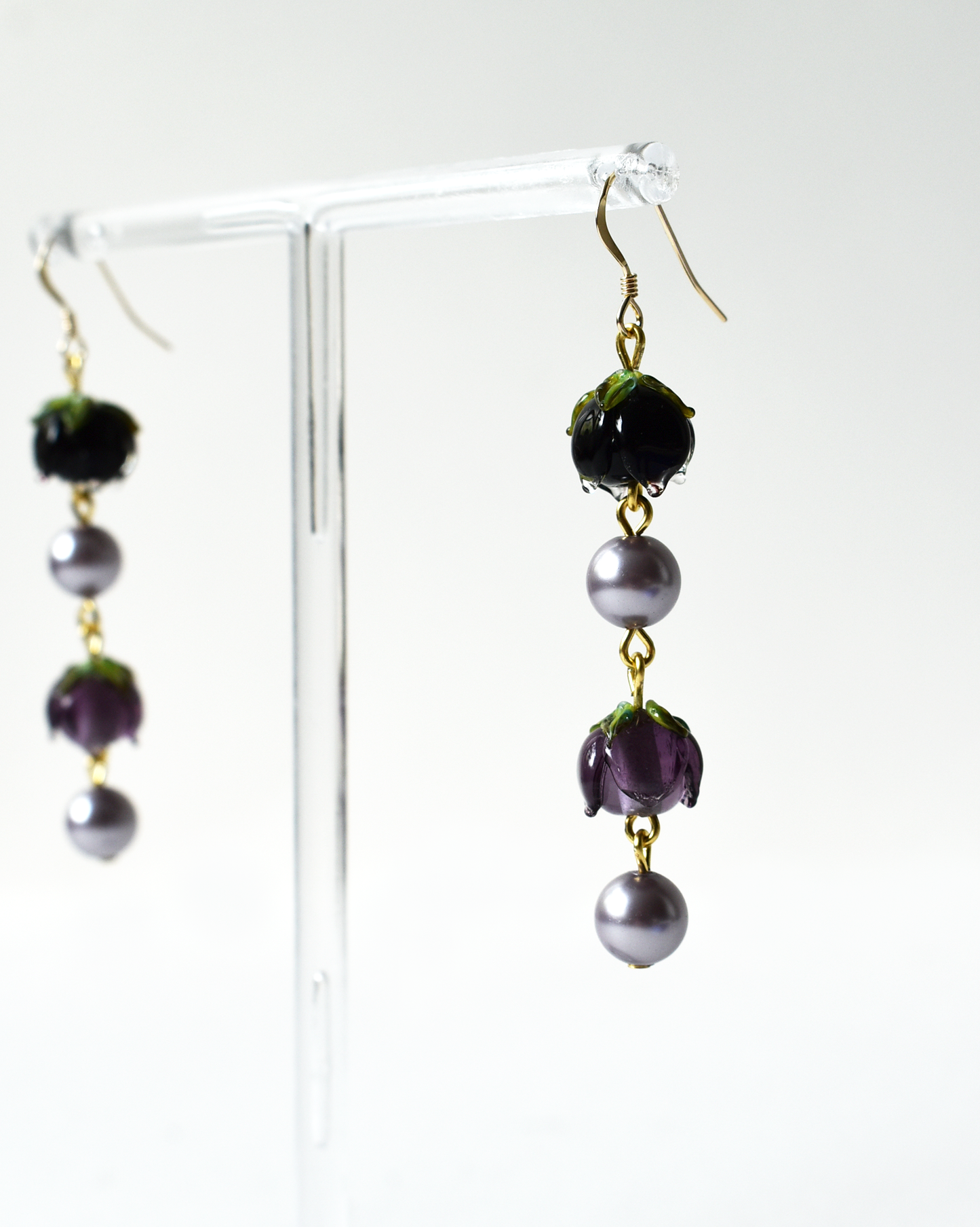 Purple Flower Bud Pearl Drop Earrings