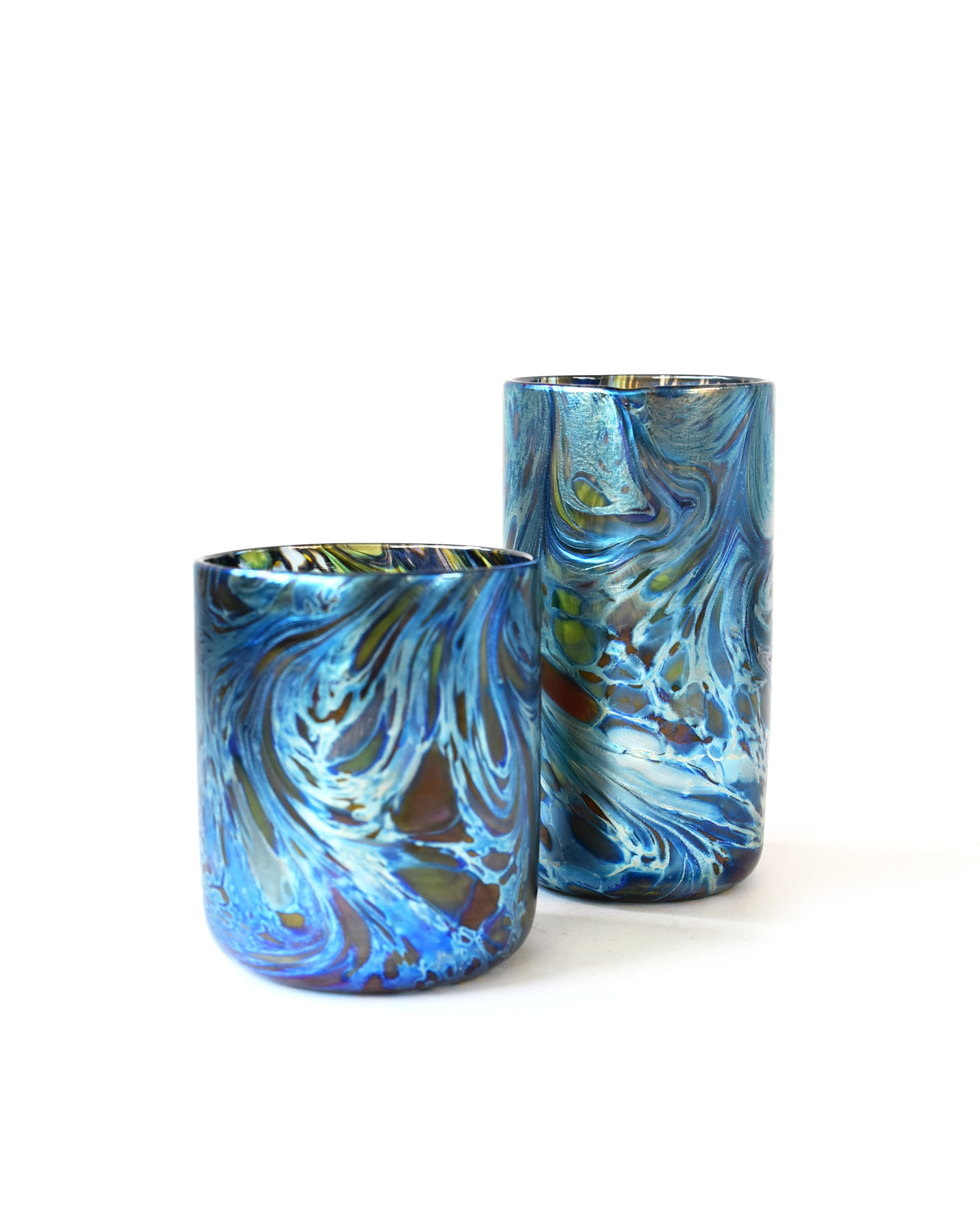 Blue Iridescent Swirl Blown Glass Tumbler