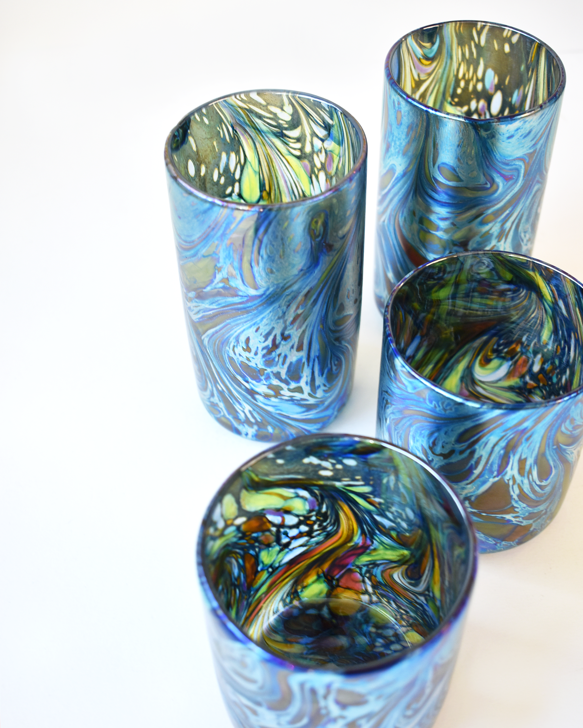 Blue Iridescent Swirl Blown Glass Highball Tumbler