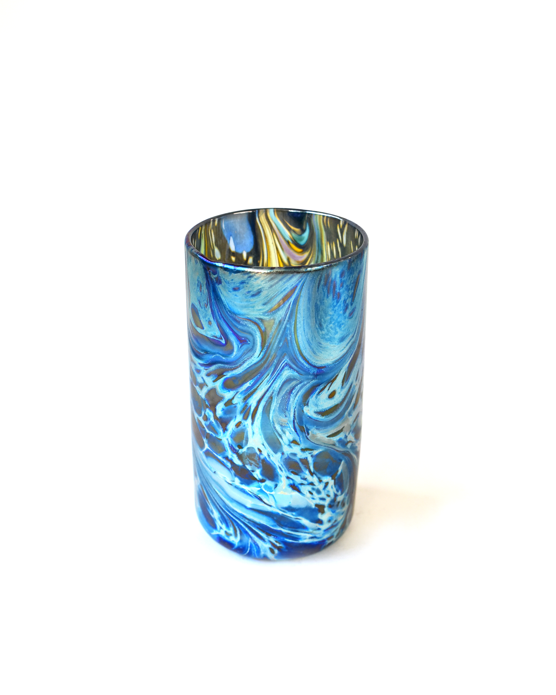 Blue Iridescent Swirl Blown Glass Highball Tumbler