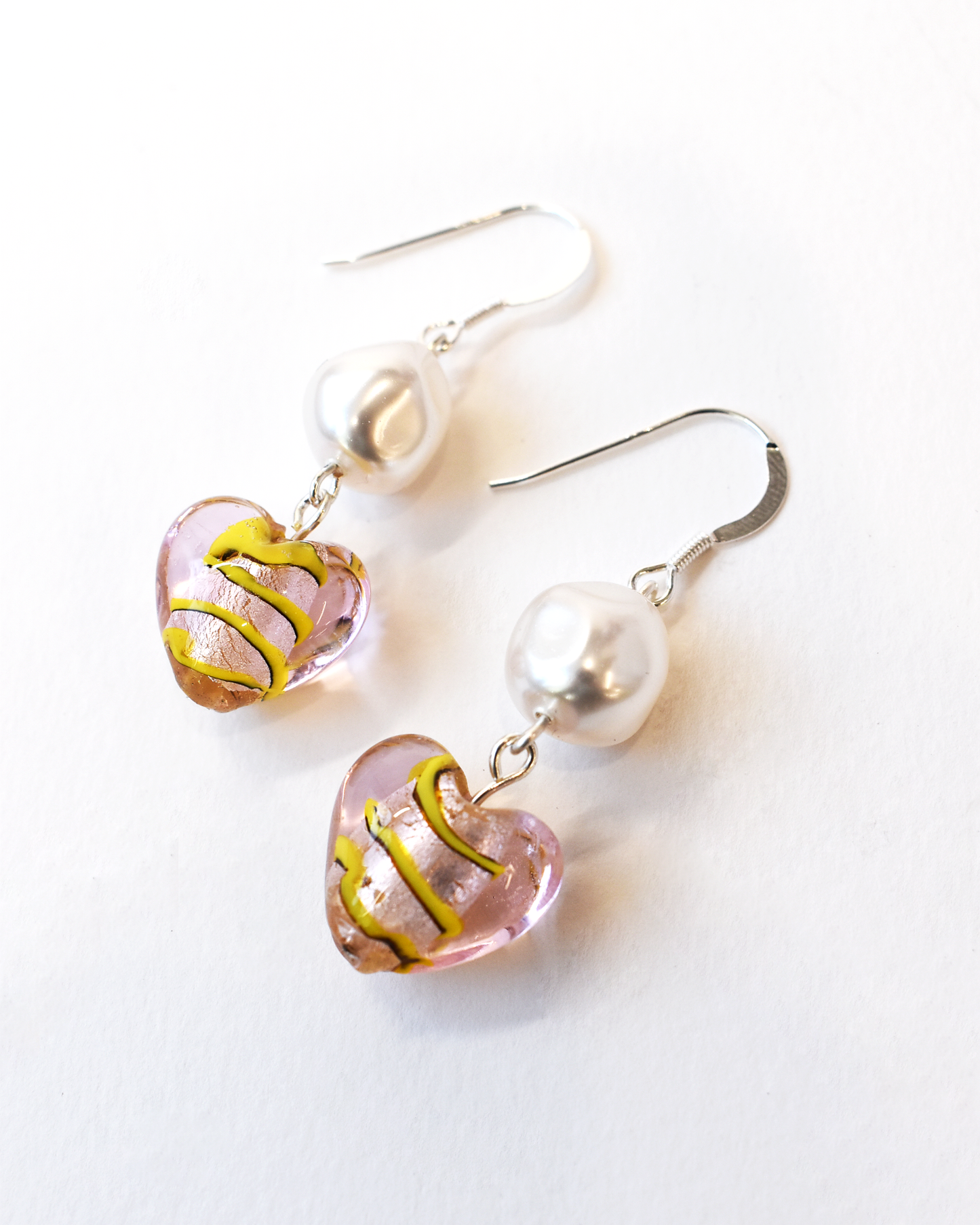 Baroque Pearl & Pink Venetian Heart Hook Earrings