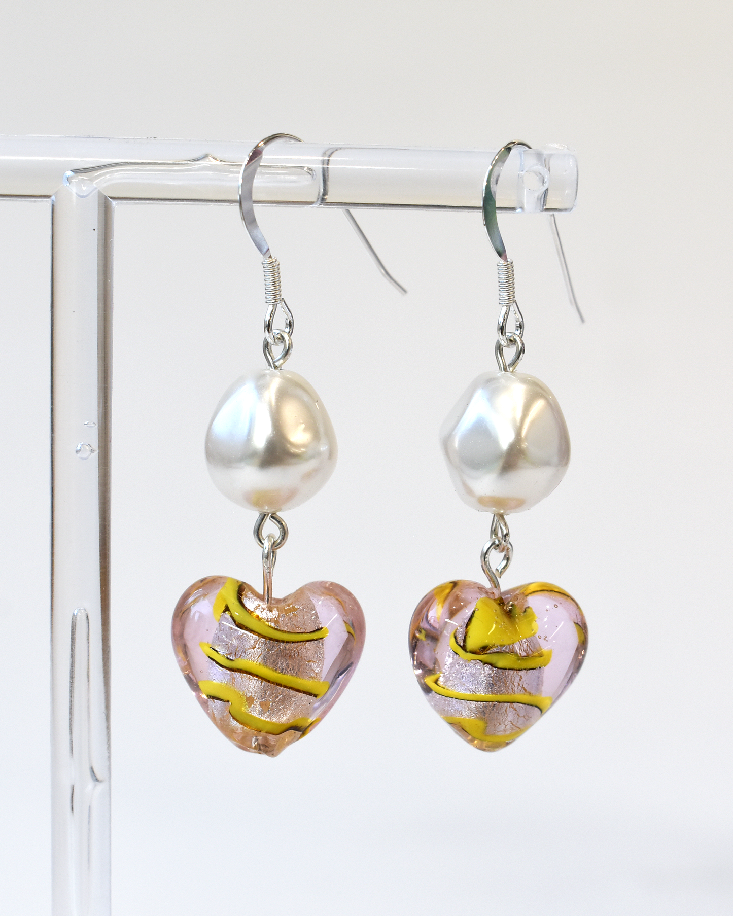 Baroque Pearl & Pink Venetian Heart Hook Earrings
