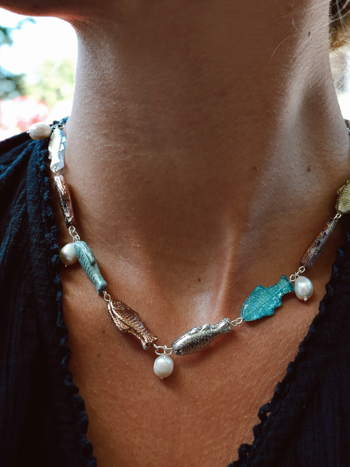 'Pearls & Fishes' Pressed Glass Bead Necklace