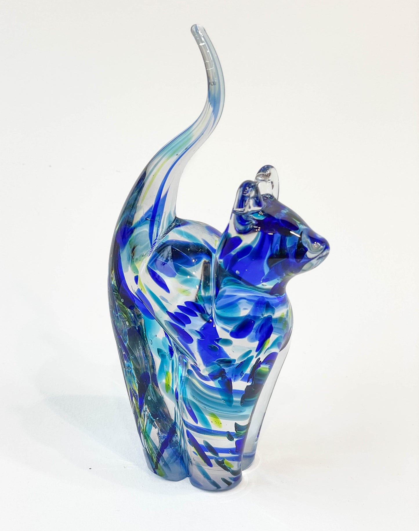 Aqua, Blue and Clear Streaky Glass Cat - Corley Studio Shop