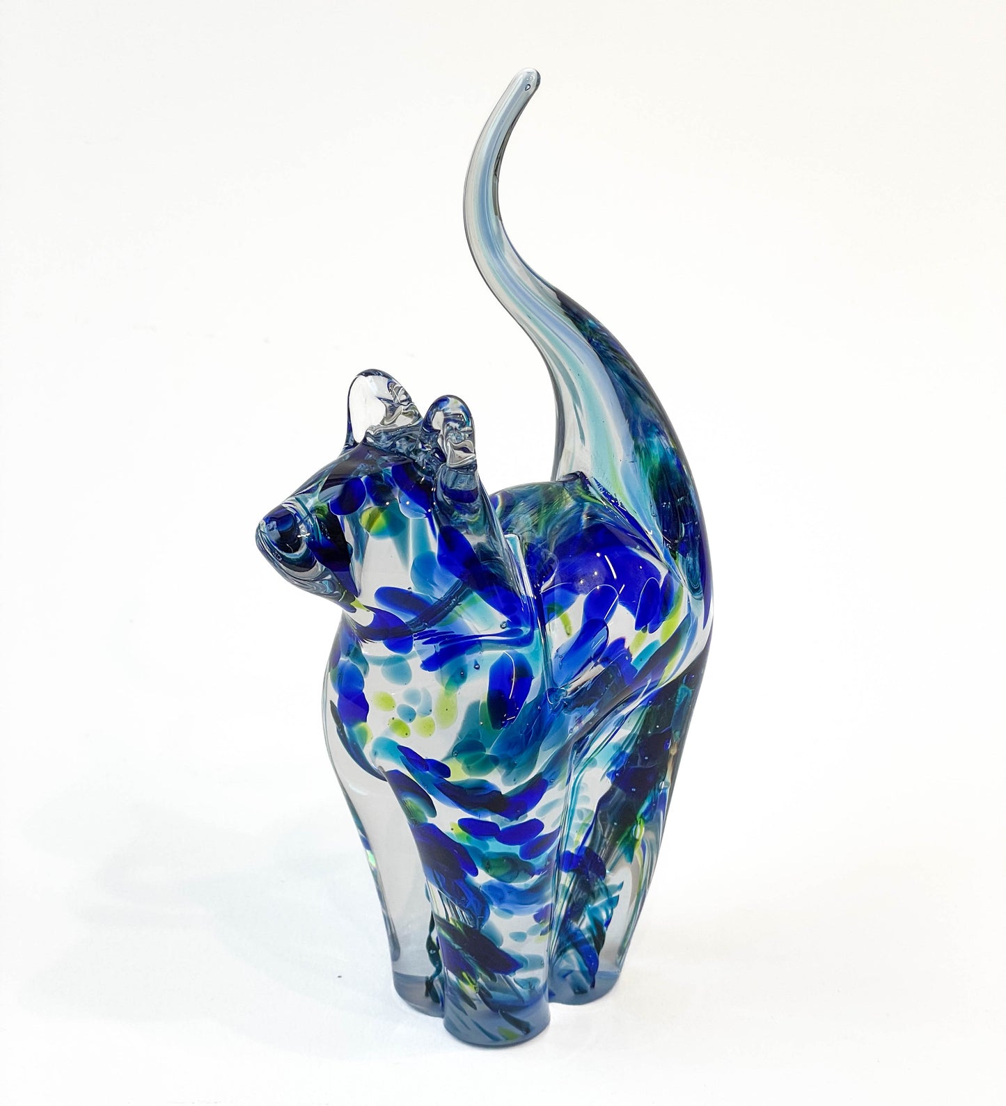 Aqua, Blue and Clear Streaky Glass Cat - Corley Studio Shop