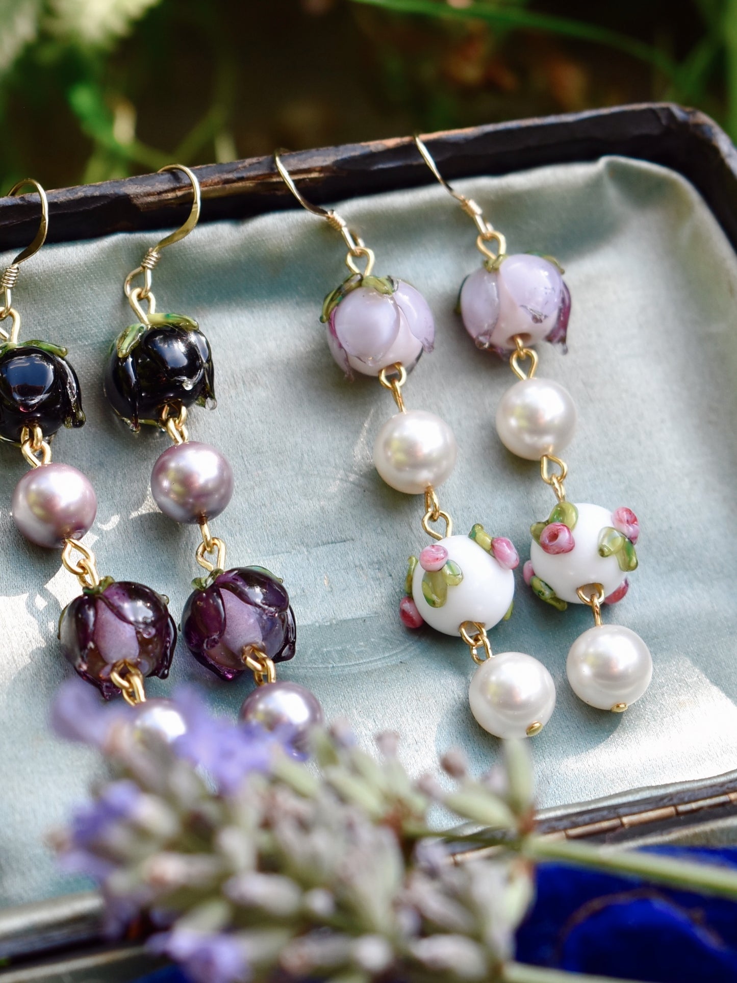 Lilac Rosebud Pearl Drop Earrings
