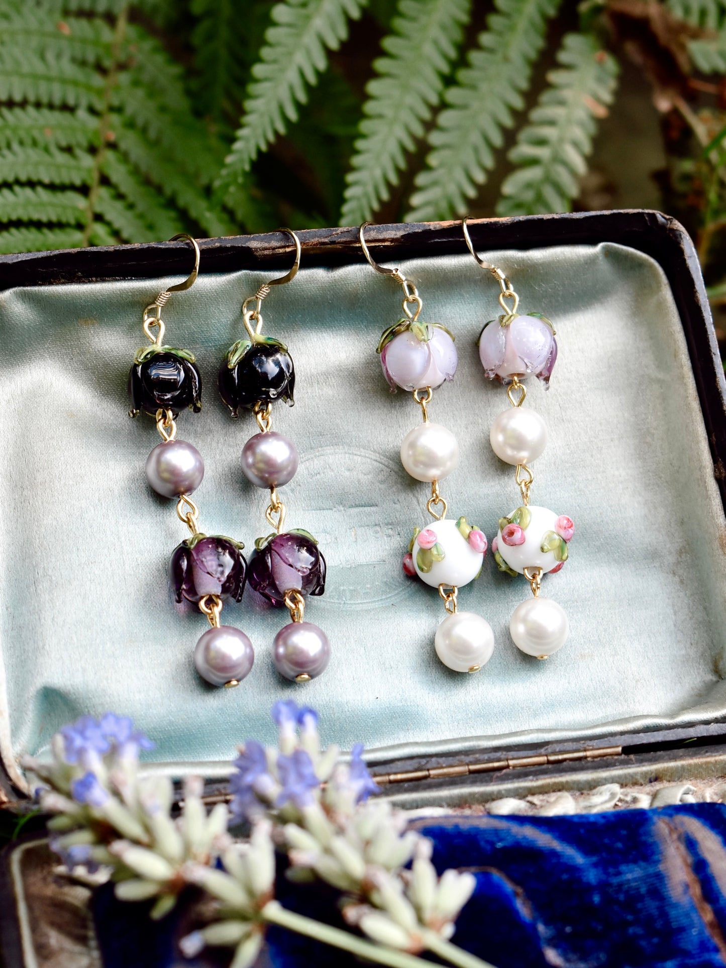Purple Flower Bud Pearl Drop Earrings