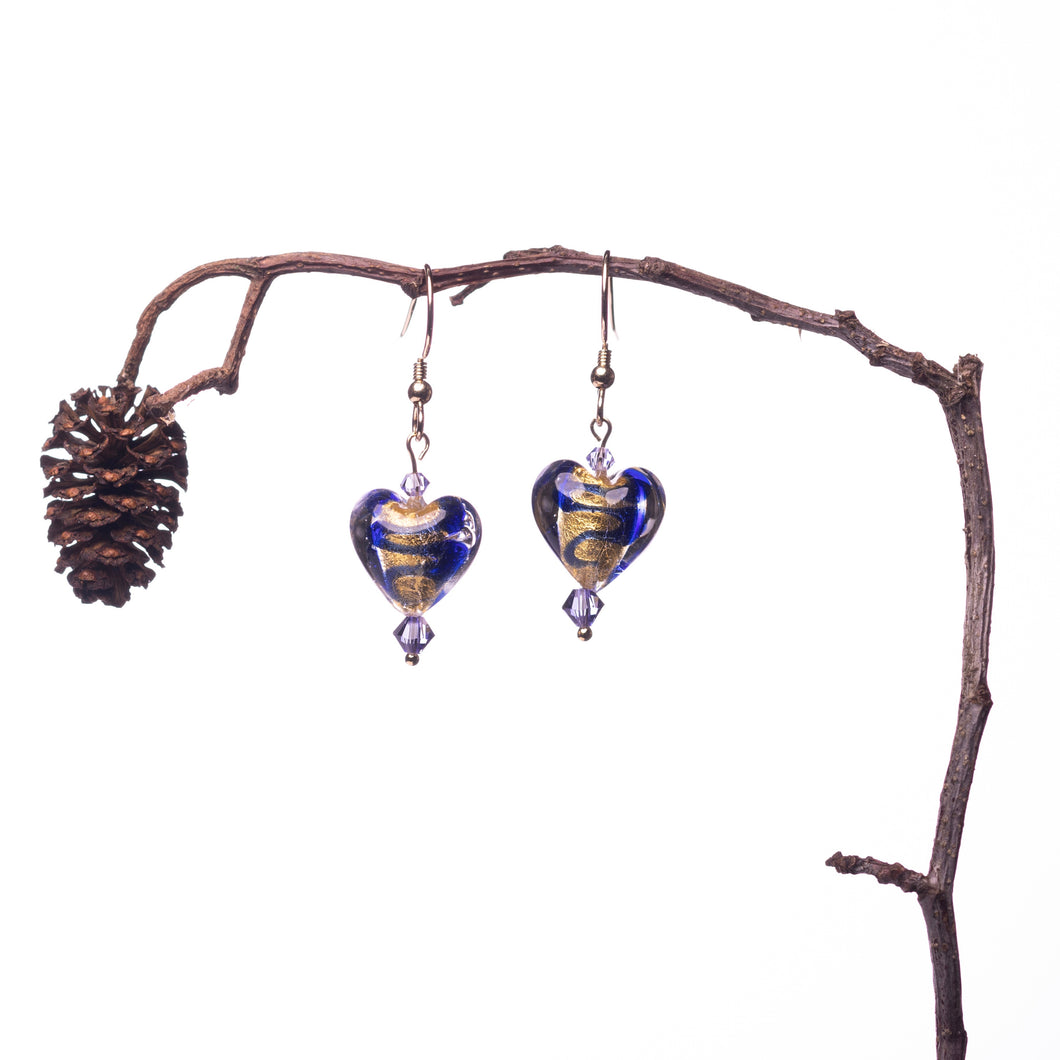 Blue Golden Heart Drop Earrings