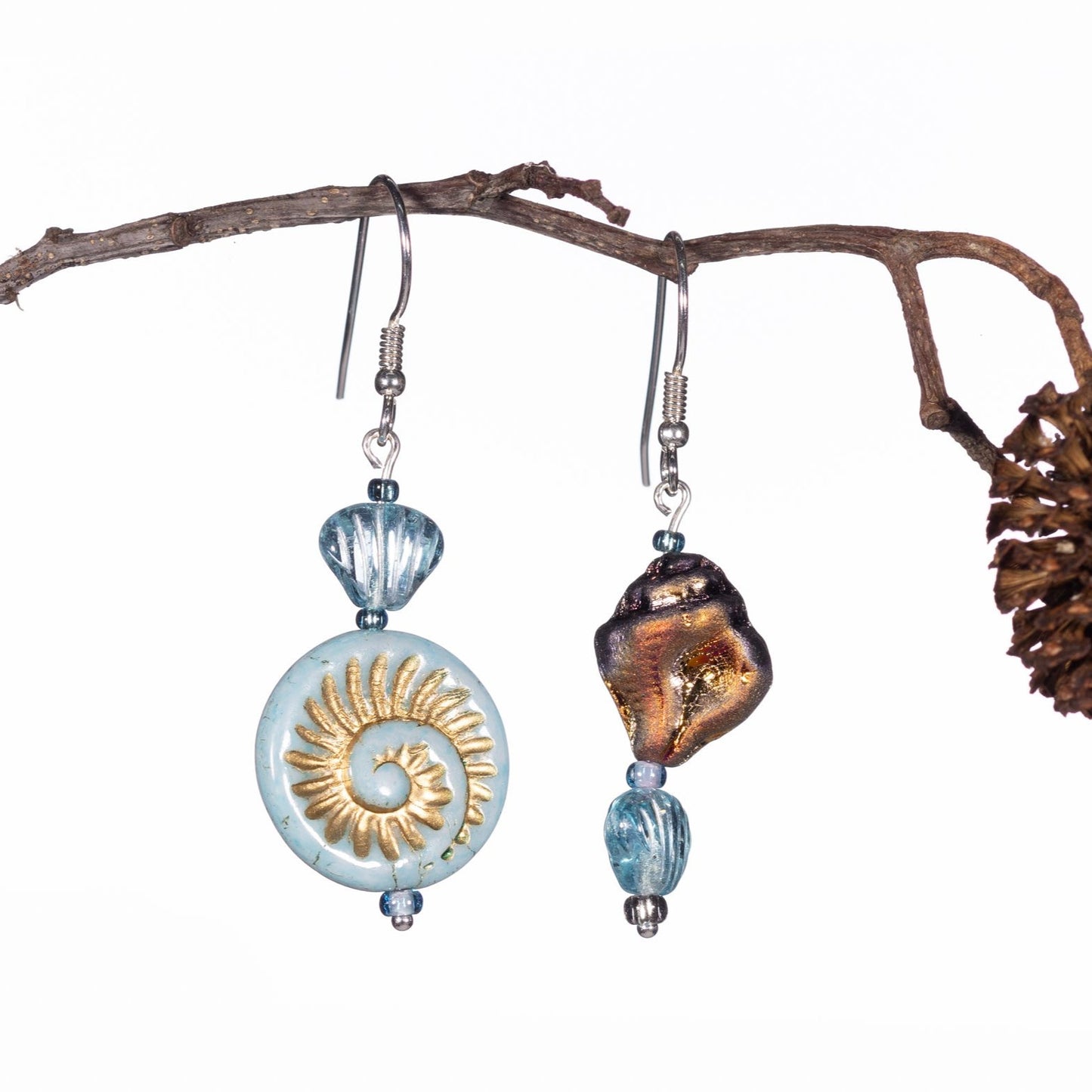 Soft Blue & Gold Fern Shell Hook Earrings