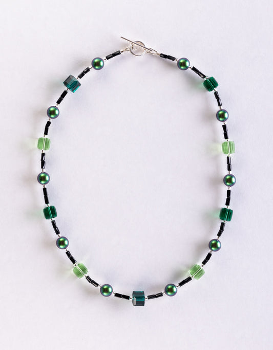 Green Pearl & Glass Crystal Cube Necklace