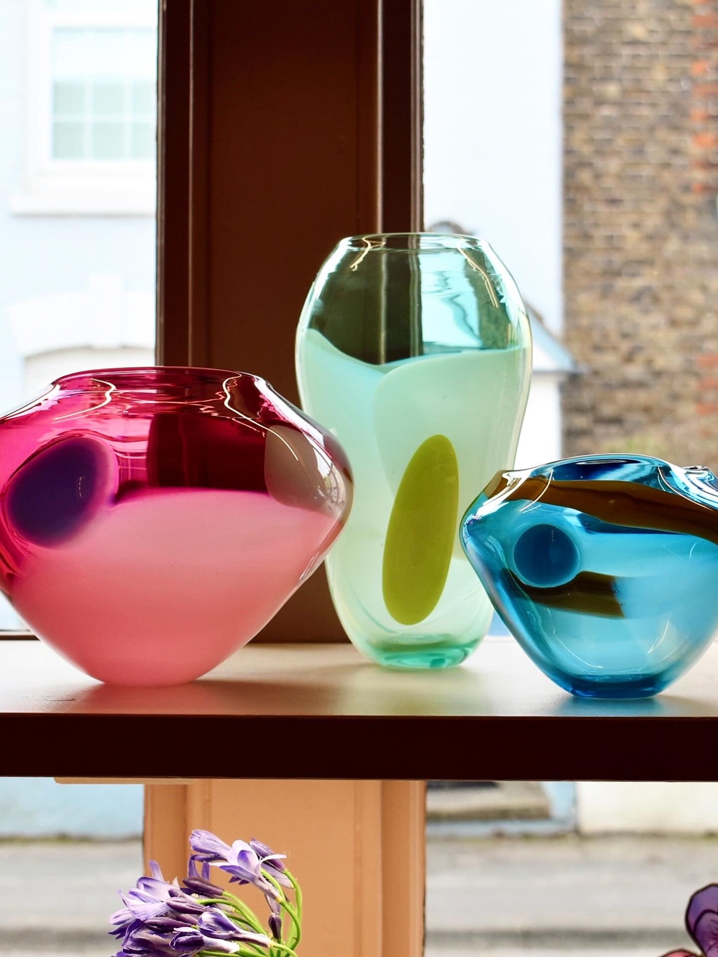Pink, White & Blue Abstract Blown Glass Bowl