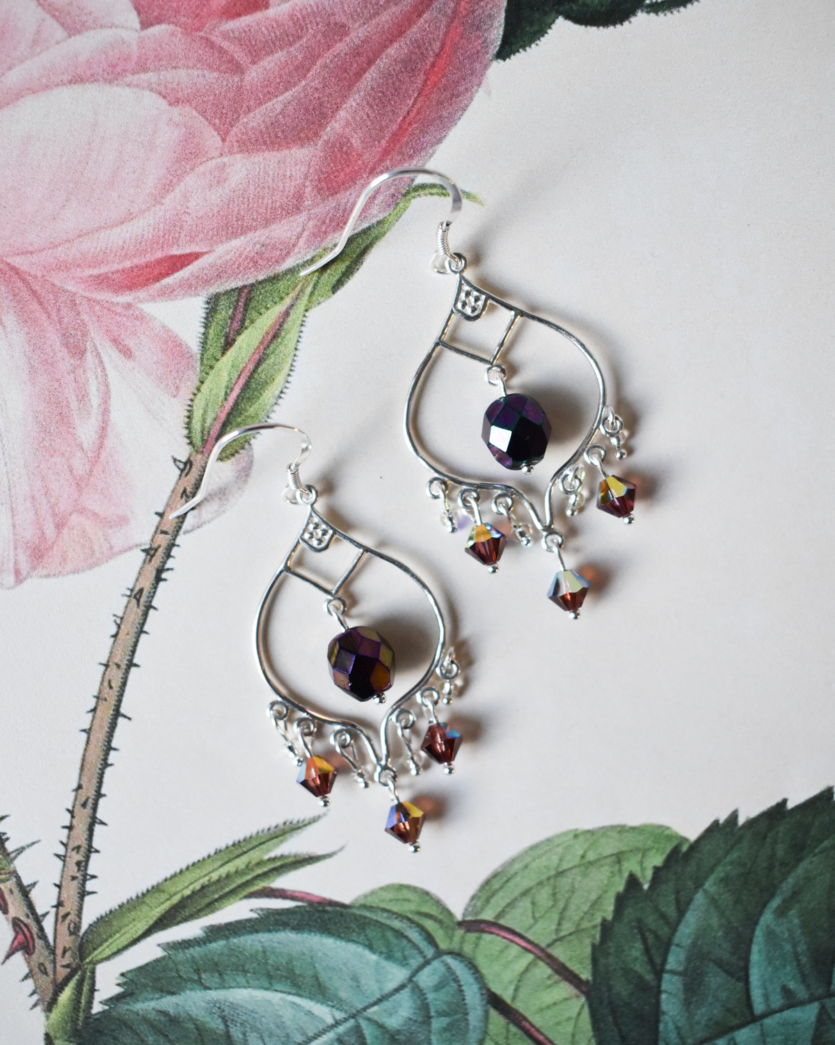 'Aubergine Crystal' Ornate Chandelier Earrings