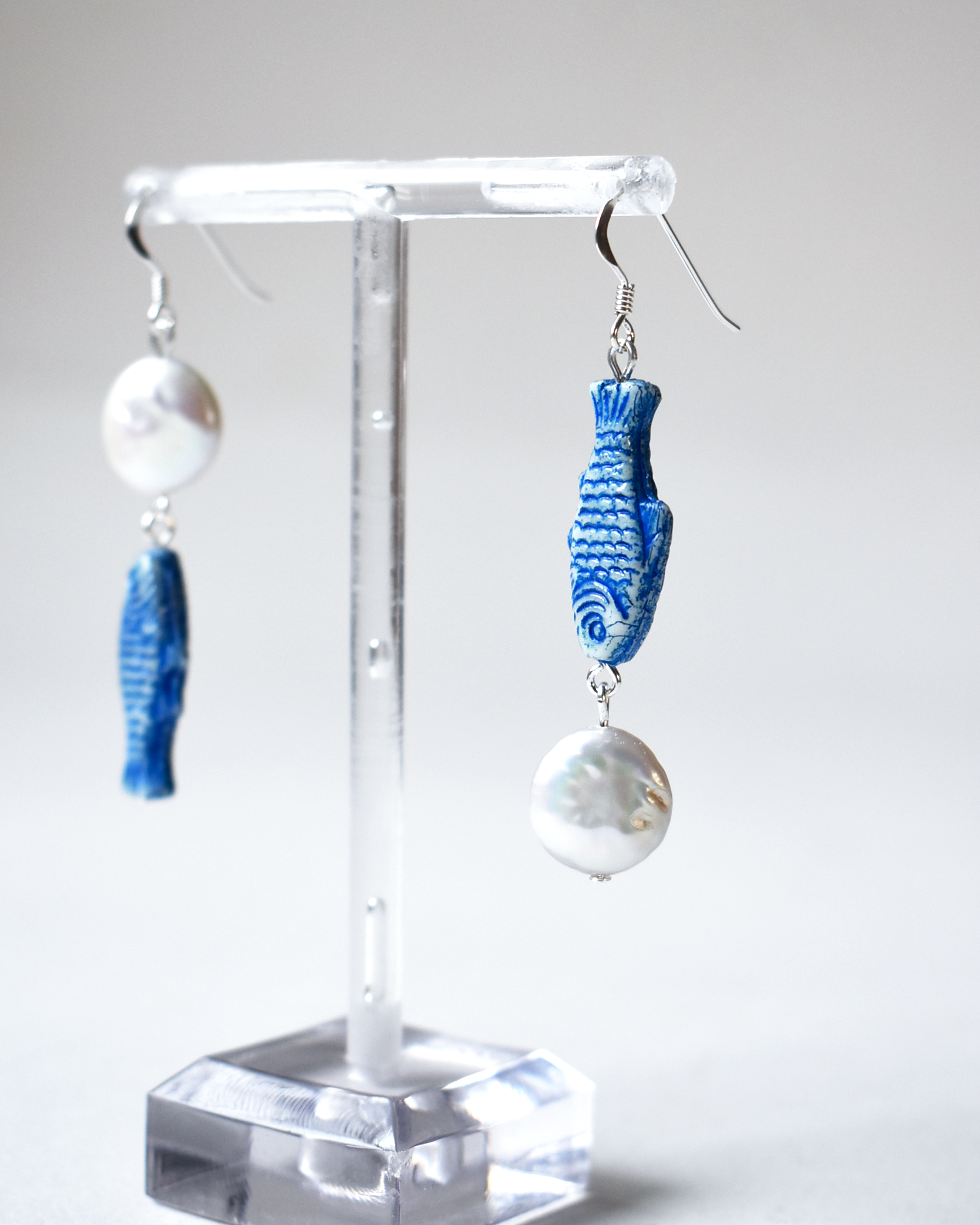 Baroque Pearl Blue Fish Earrings