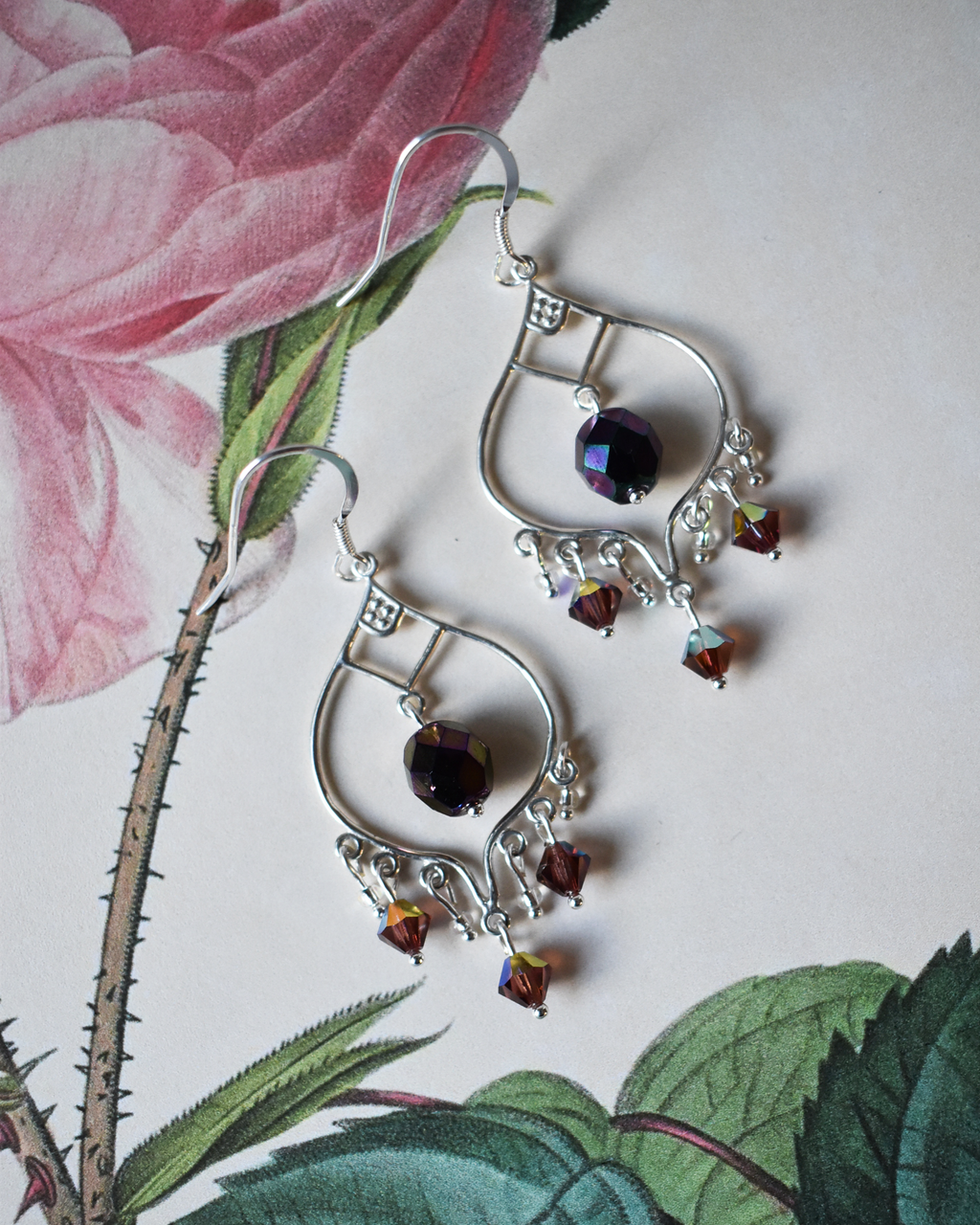 'Aubergine Crystal' Ornate Chandelier Earrings