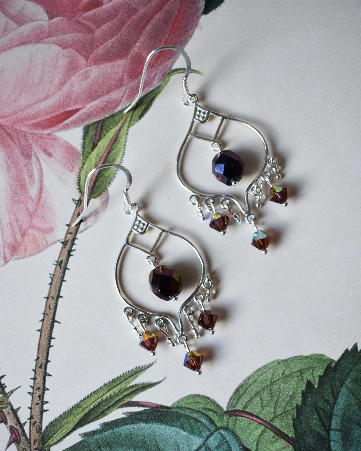 'Aubergine Crystal' Ornate Chandelier Earrings