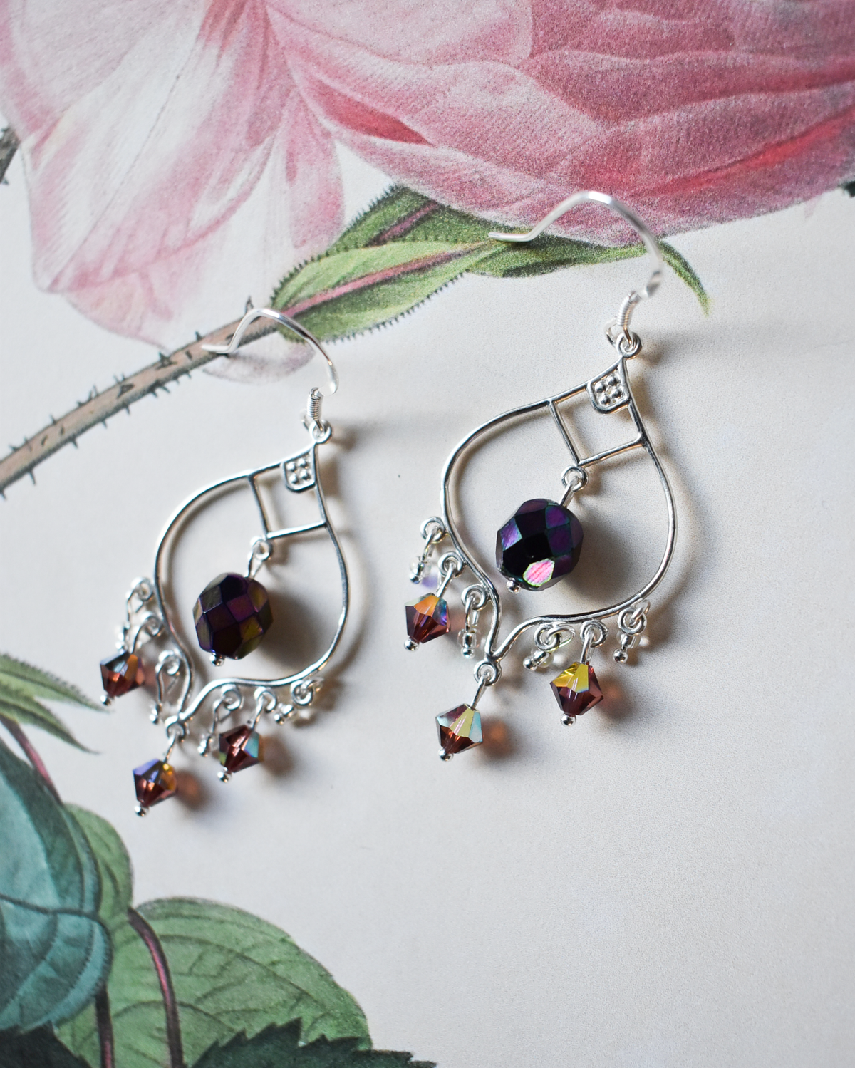 'Aubergine Crystal' Ornate Chandelier Earrings