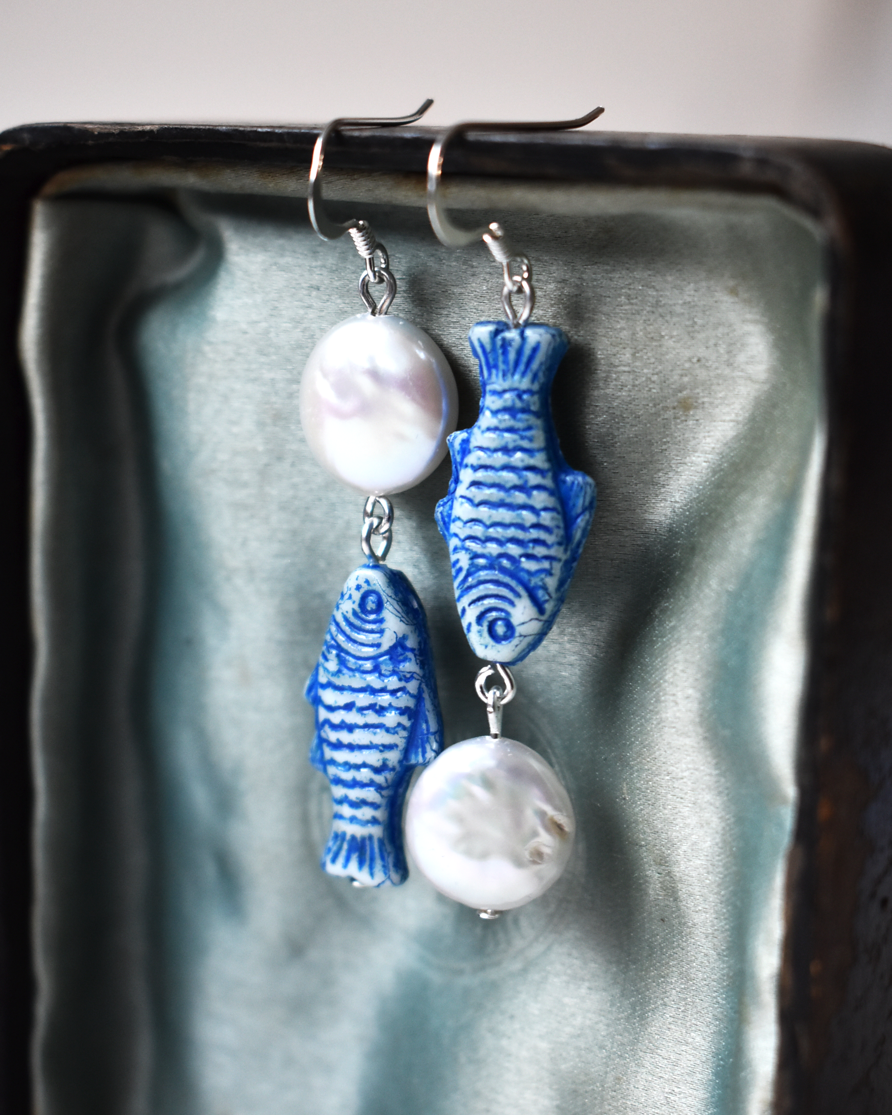 Baroque Pearl Blue Fish Earrings