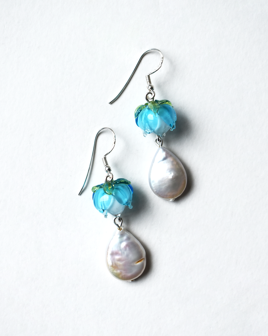 Blue Flower Bud Pearl Earrings