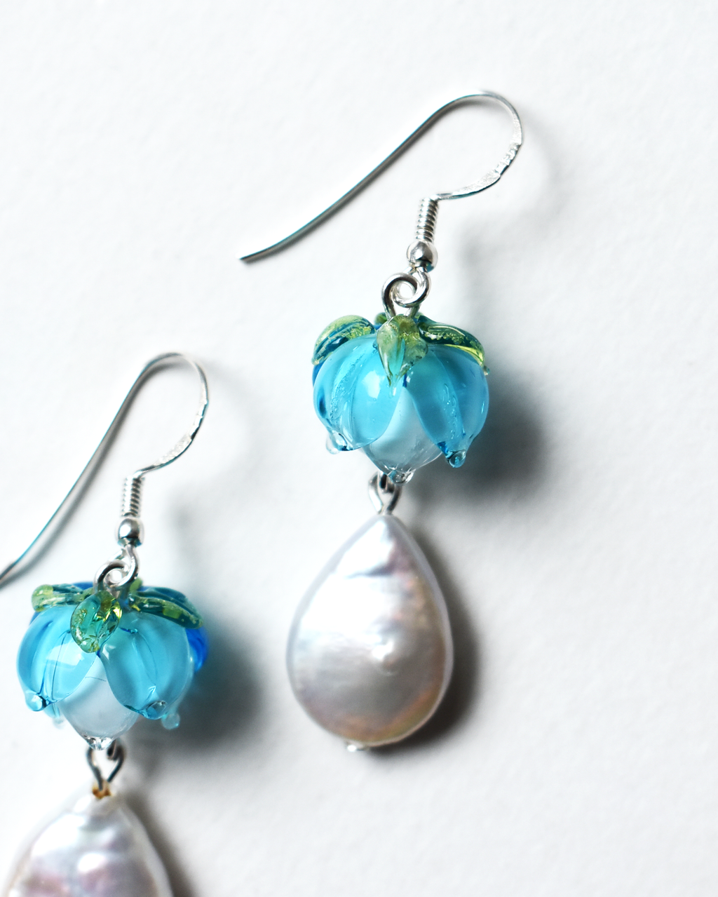 Blue Flower Bud Pearl Earrings