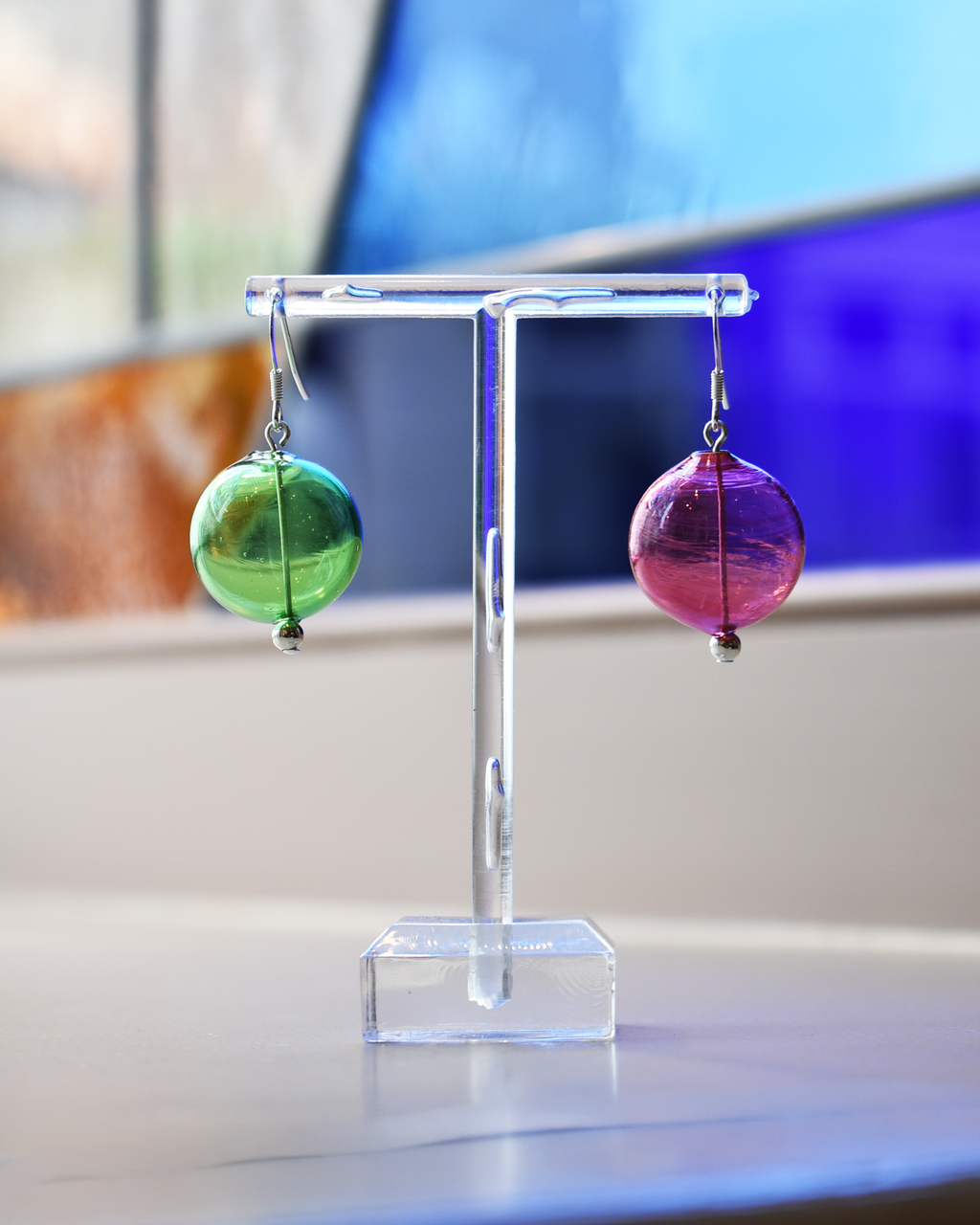 Mismatched 'Green & Pink' Glass Orb Earrings