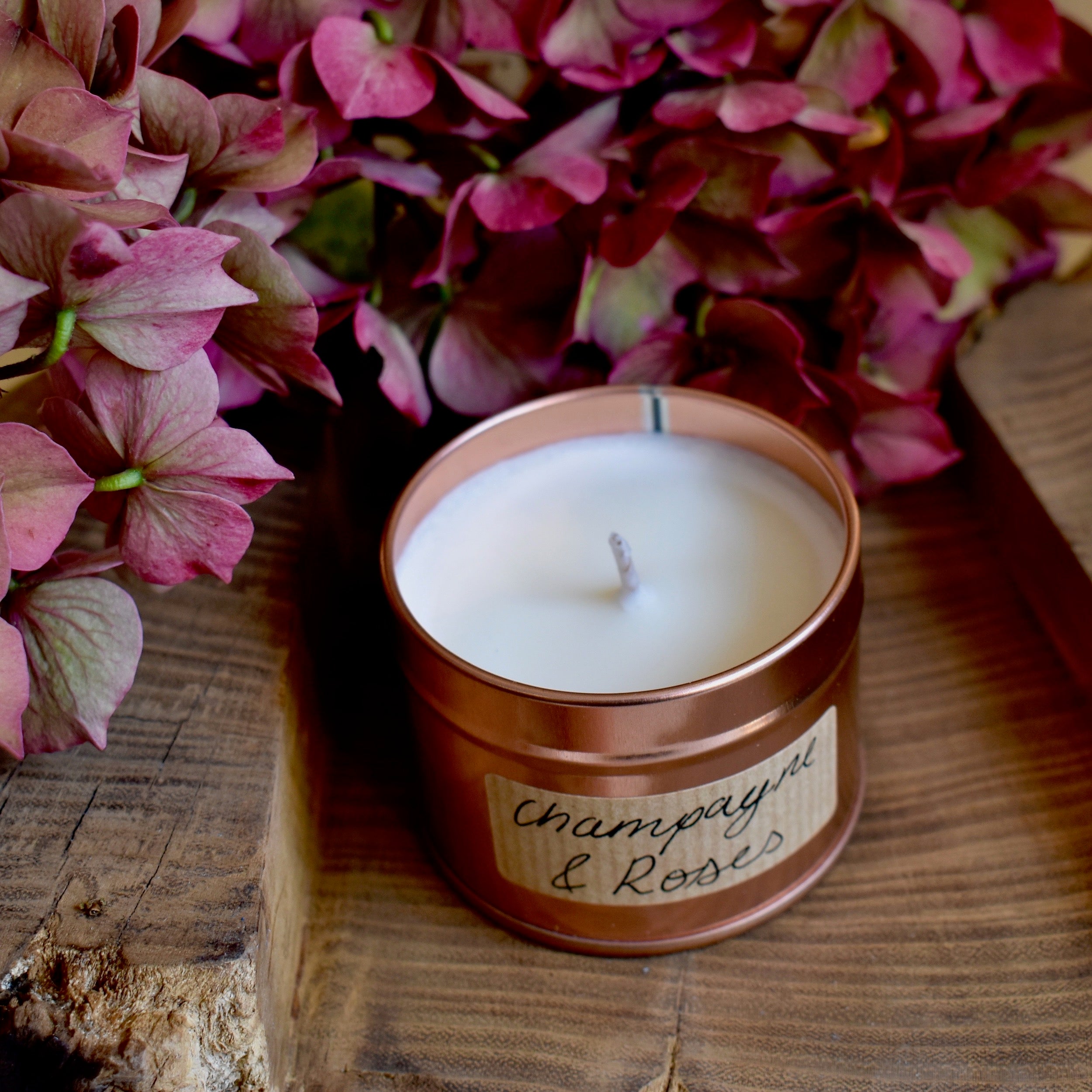Champagne & Roses Scented Soy Wax Candle in Tin - Corley Studio Shop