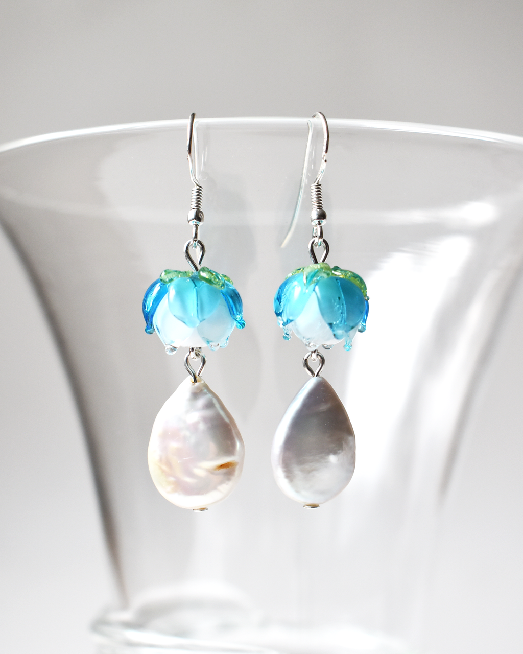Blue Flower Bud Pearl Earrings
