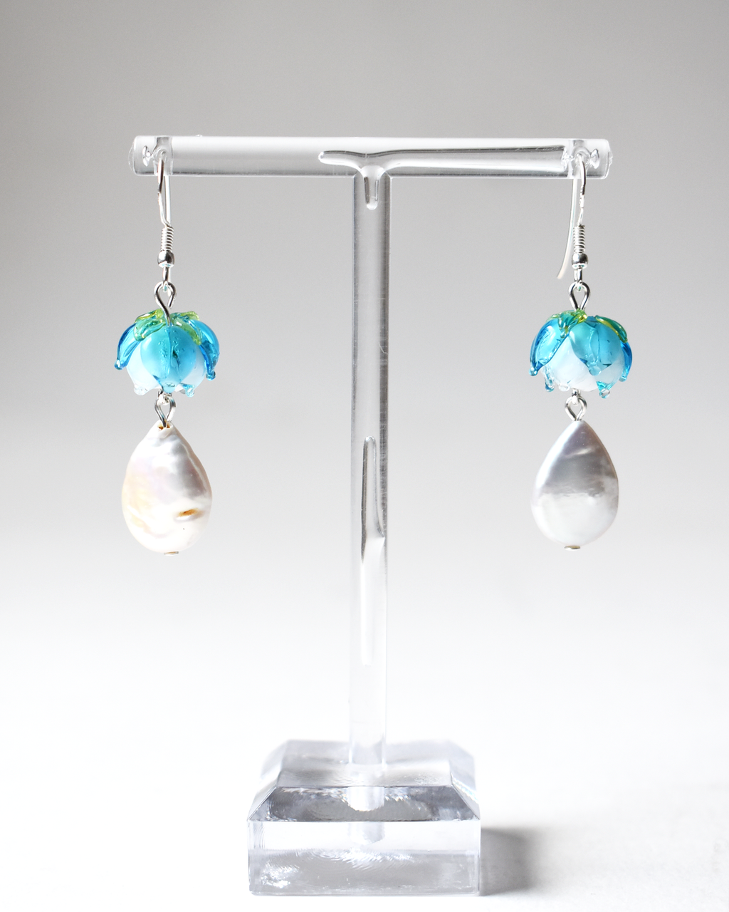 Blue Flower Bud Pearl Earrings