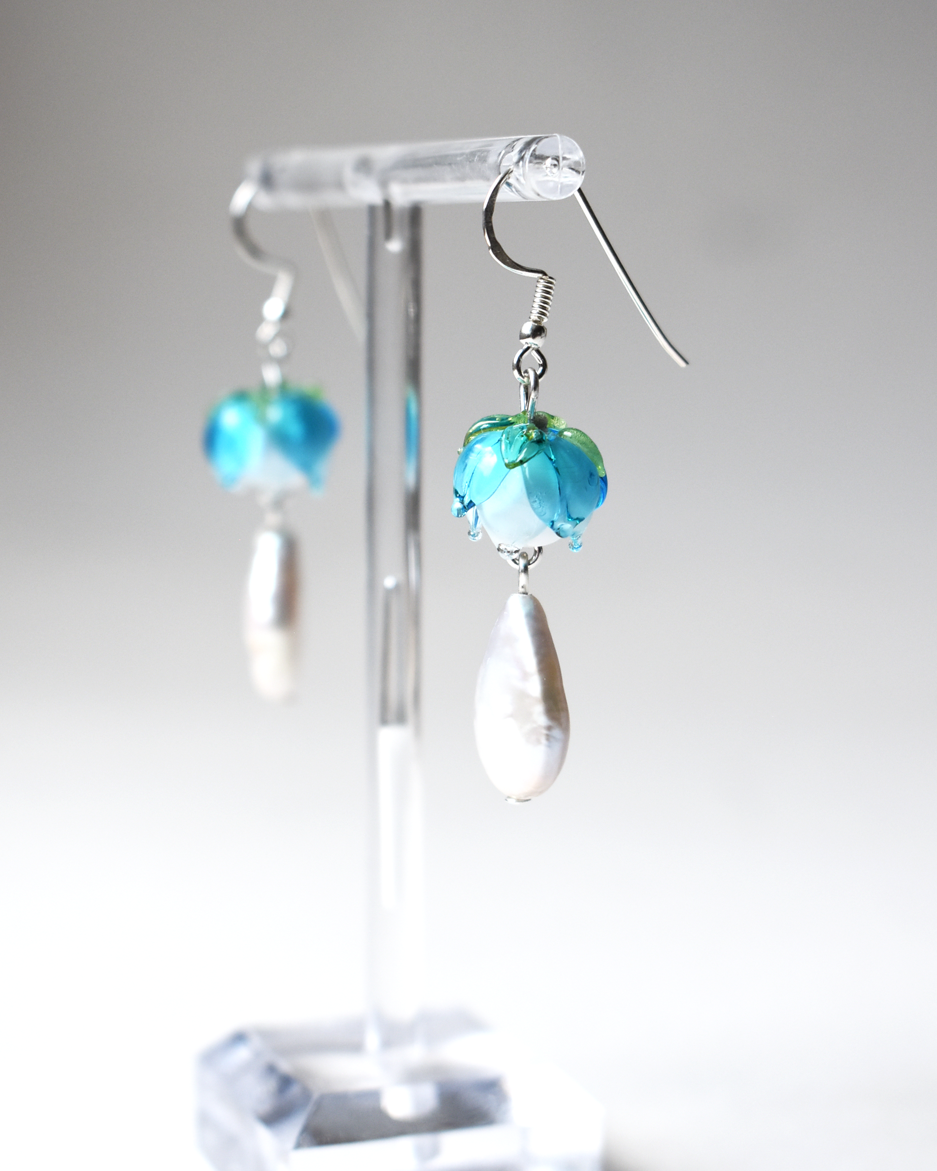 Blue Flower Bud Pearl Earrings