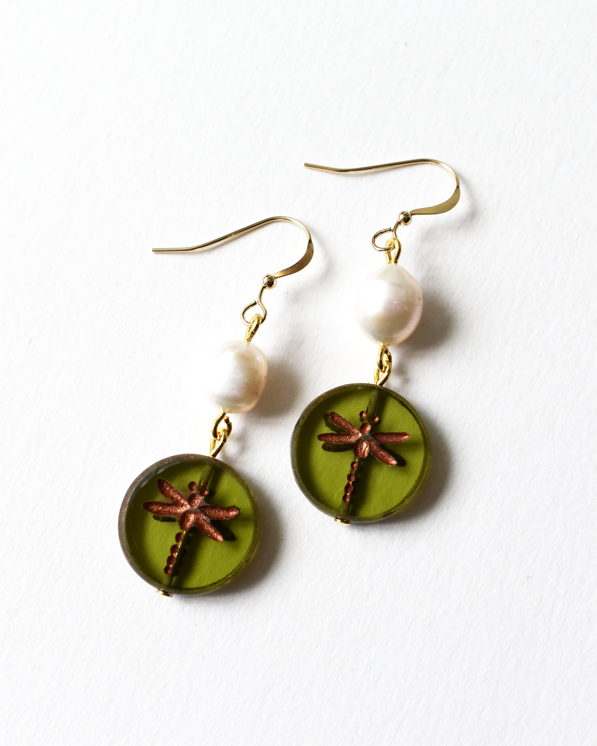 Dragonfly Drop Pearl Hook Earrings