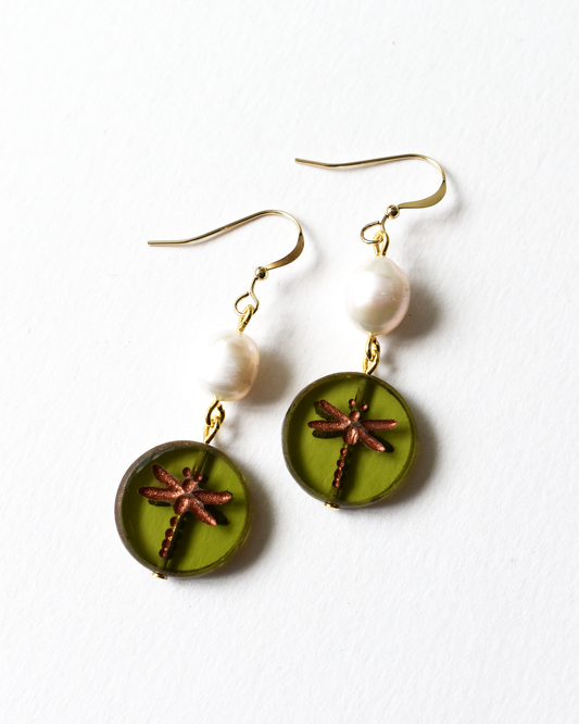 Dragonfly Drop Pearl Hook Earrings