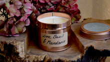 Load image into Gallery viewer, Lime, Basil &amp; Mandarin  Scented Soy Wax Candle in Tin
