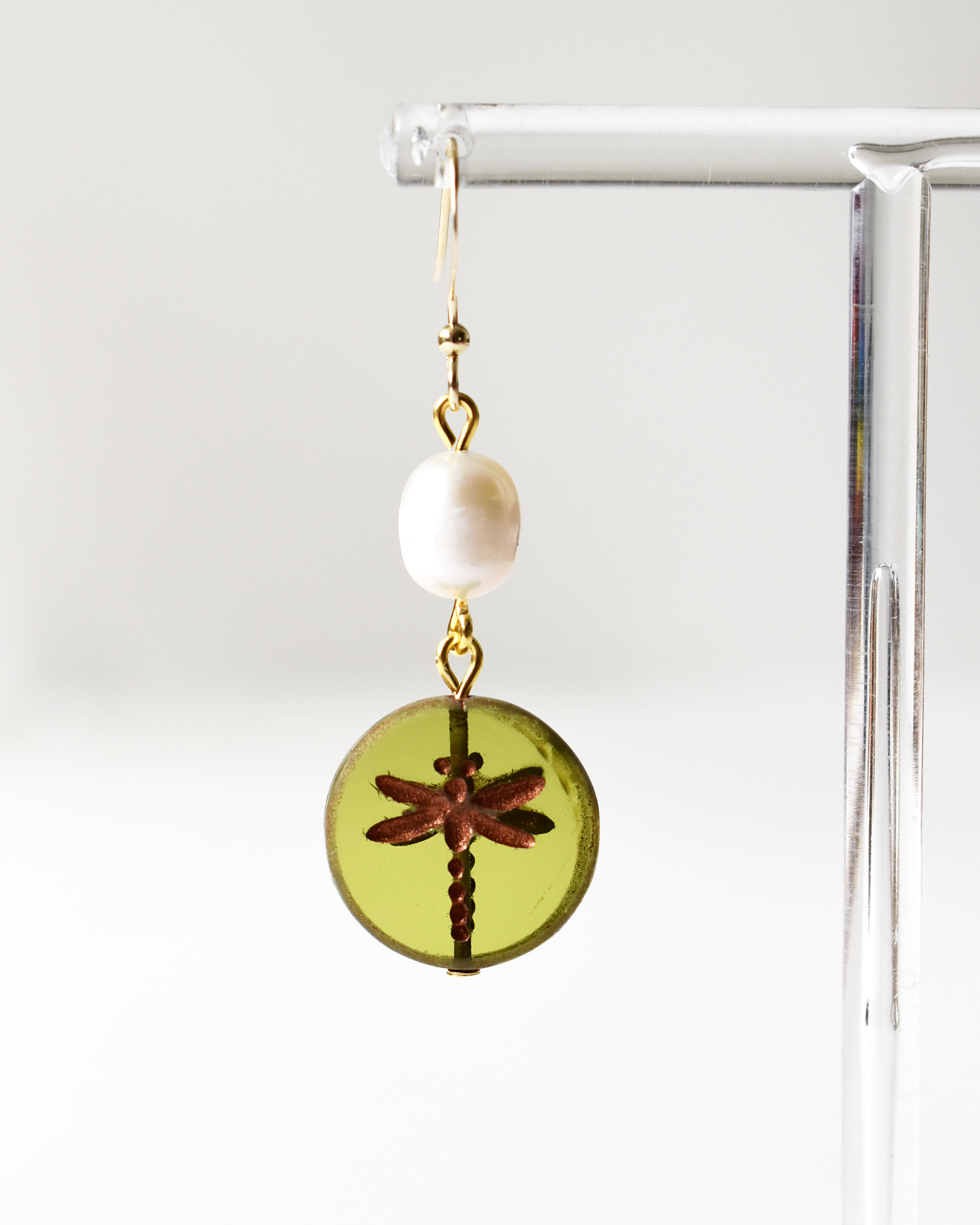 Dragonfly Drop Pearl Hook Earrings