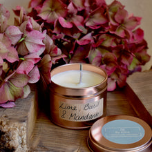 Load image into Gallery viewer, Lime, Basil &amp; Mandarin  Scented Soy Wax Candle in Tin
