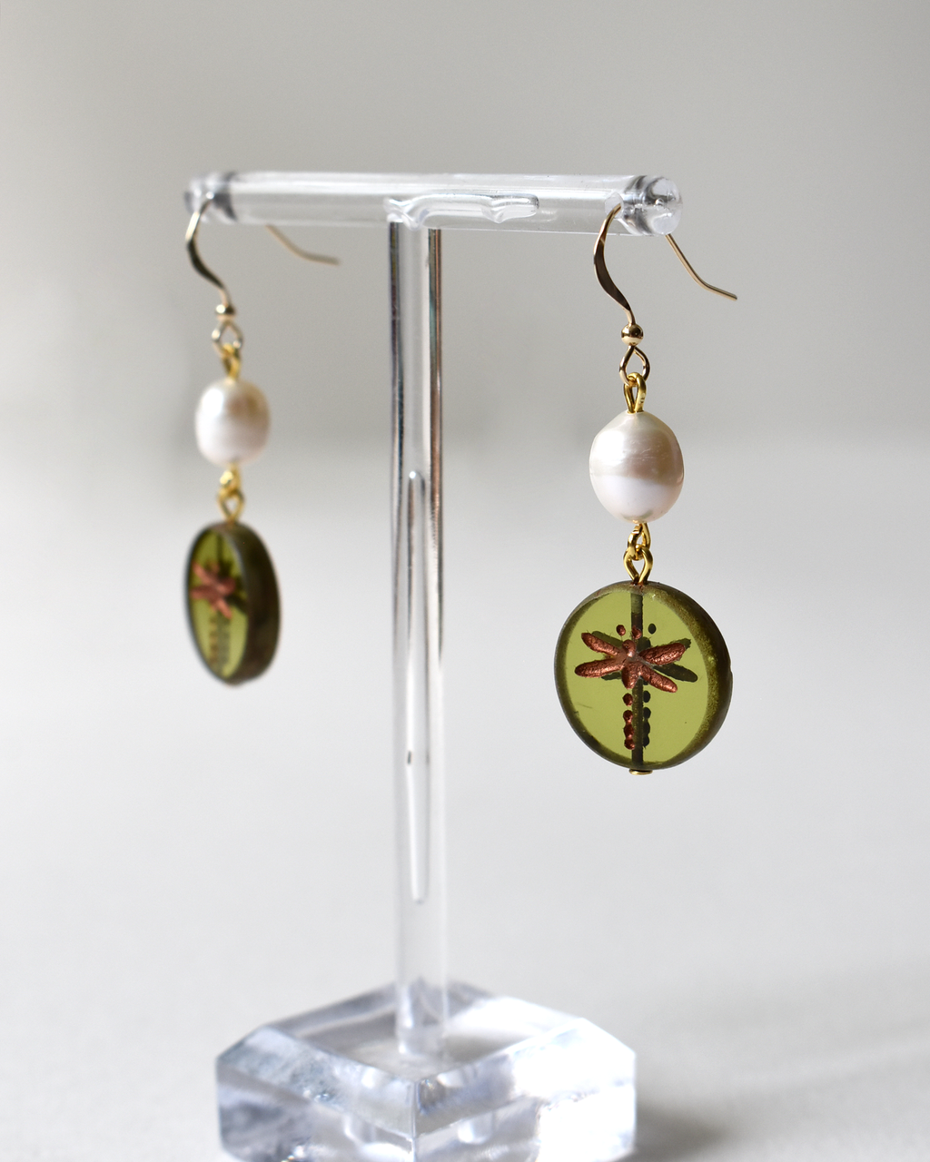Dragonfly Drop Pearl Hook Earrings