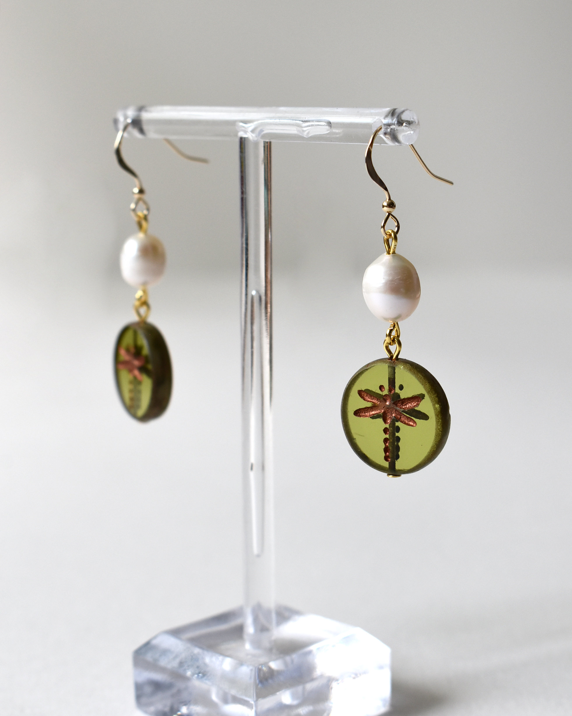 Dragonfly Drop Pearl Hook Earrings